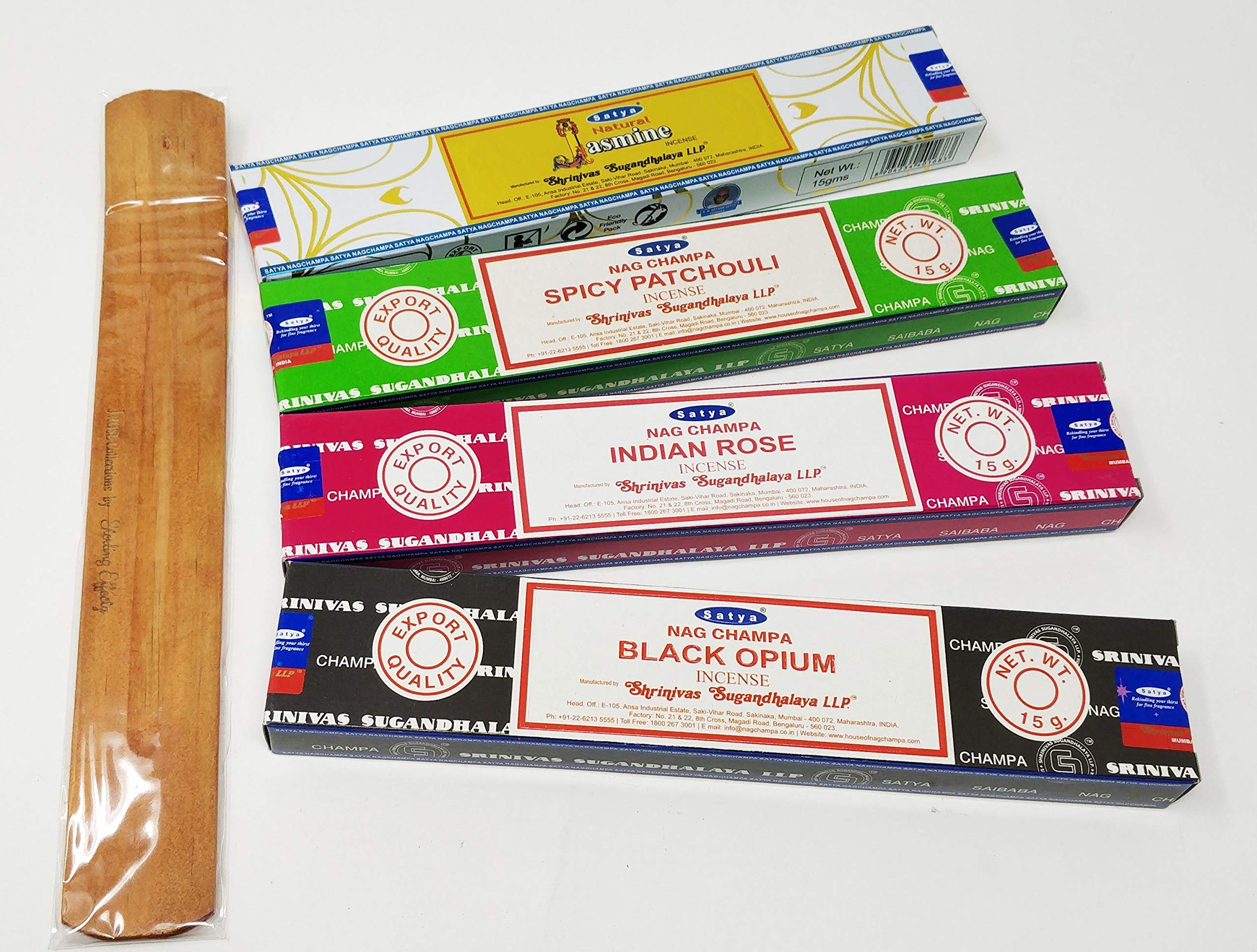 Jrose Collections Black Satya Incense Sticks Mix Deal- Jasmine, Opium, Indian Rose, Spicy Patchouli With Jr Incense Holder Sn4