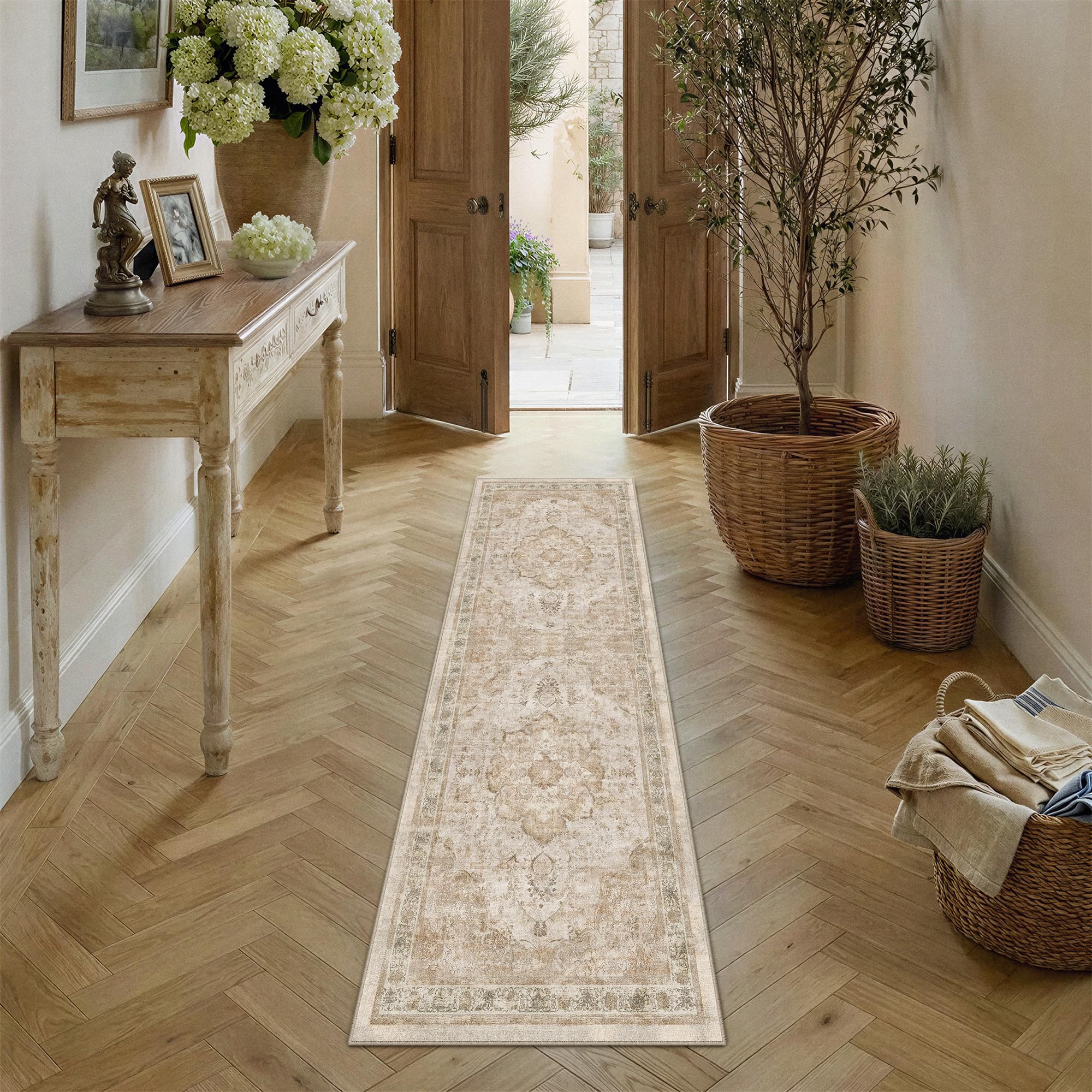 PureCozy Vintage Hallway Runner Rug Washable Beige 60x180cm Carpet Runners Non Slip Kitchen Area Rugs Dining Room Bedroom Bedside Office Low Pile Long Soft Indoor Carpets