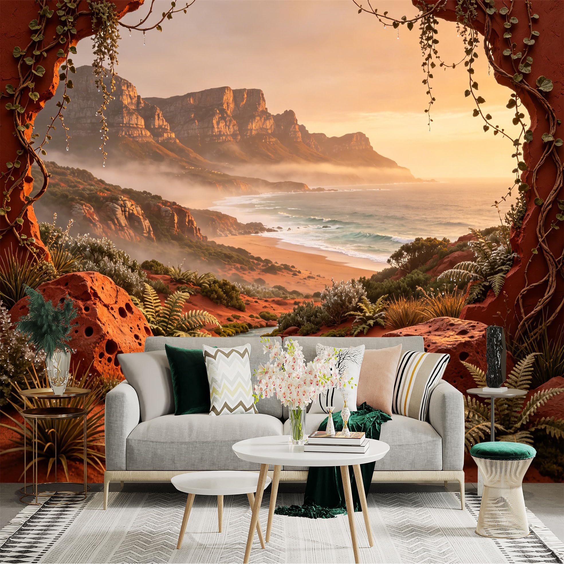 Custom Size Wall Sticker Mural， Sunset Coastal Landscape with Red Rocks， Stream， and Mountains， for wall Decoration， peelandstick wall Decals.
