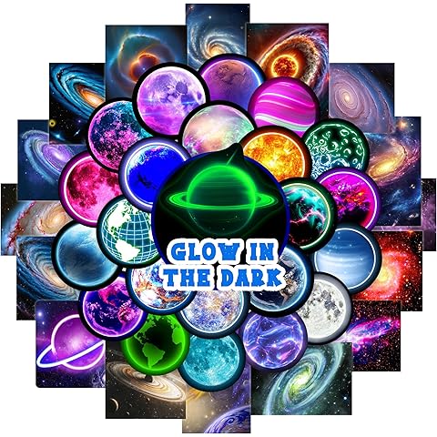 Glow in The Dark Neon Planets Water Bottle Stickers for Kids, 70 PCS Vinyl Space Waterproof Decals for Laptop Phone Case, Solar System Decor for Adults Kids Girls Boys