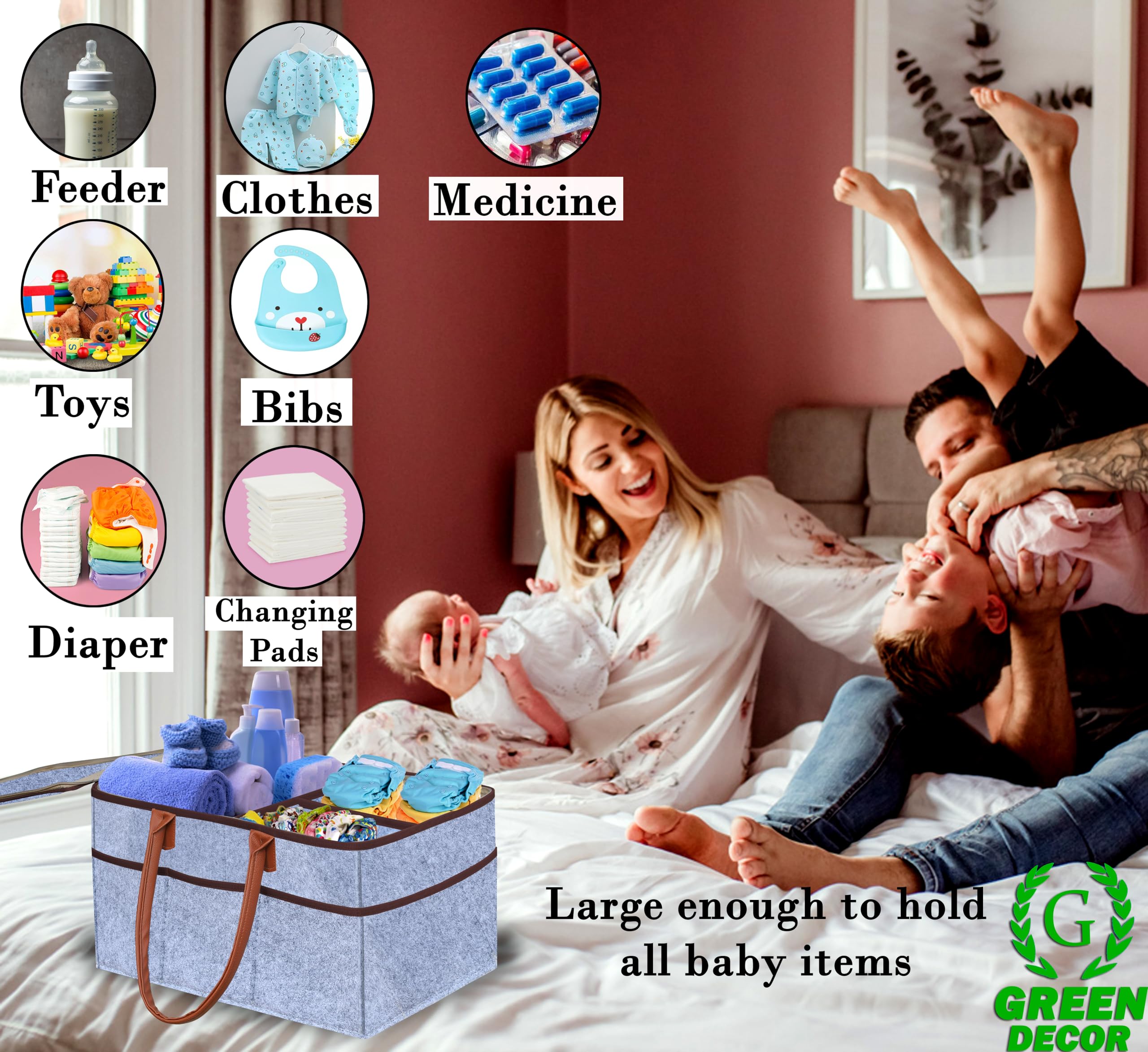 GREEN DECOR-Non Woven Fabric Diaper Caddy Bag with Handles & Zip Lock for Smart Mothers Baby Diaper Caddy Wipes Felt Storage Organizers,Foldable & Portable(Grey&Tan&Wine-15X10X8 Inch) - Image 6 thumbnail