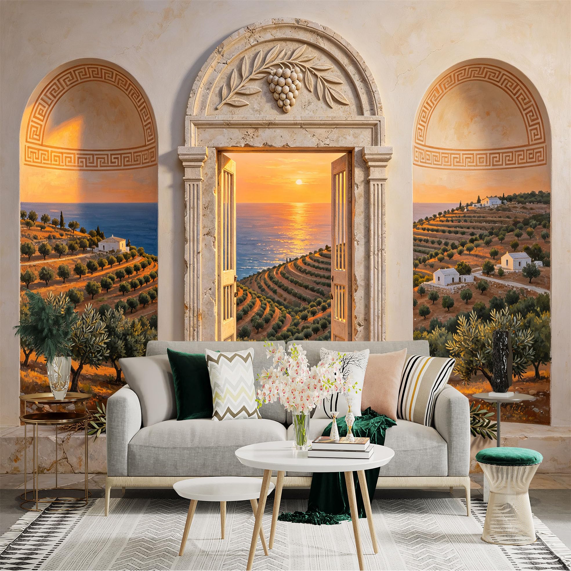 Custom Size Wall Sticker Mural， Mediterranean Coastal Sunset Olive Grove Stone Archway Landscape， for wall Decoration， peelandstick wall Decals.