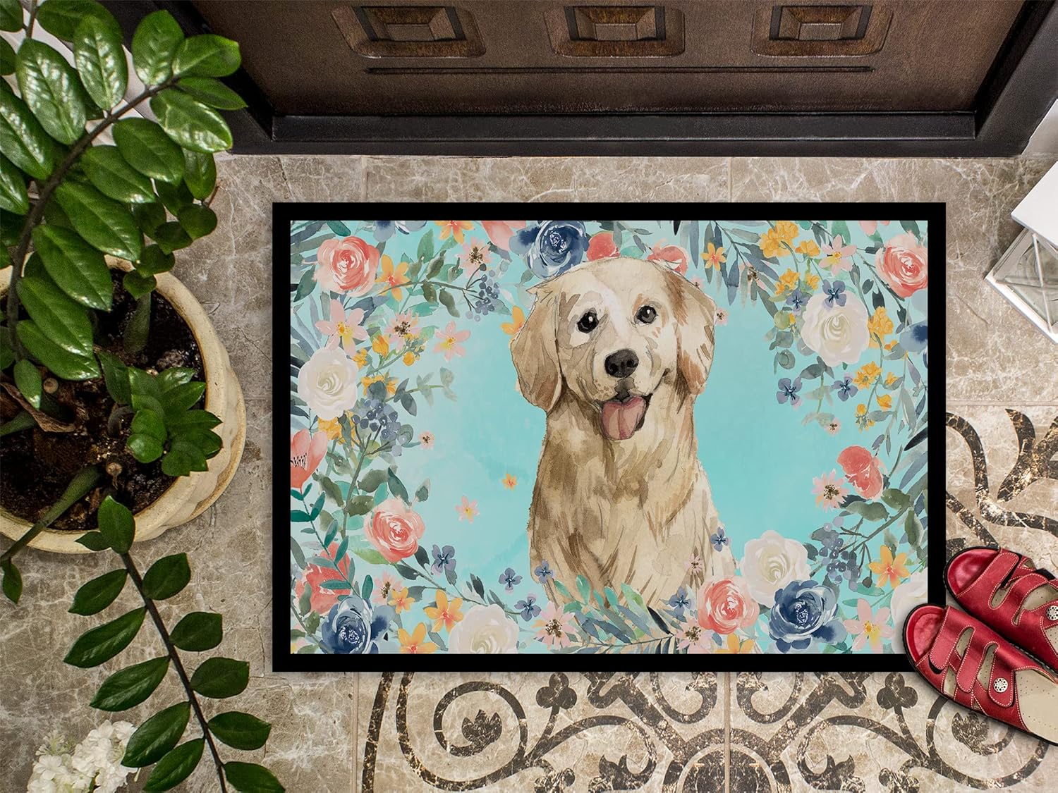 Caroline's Treasures CK3425MAT Golden Retriever Doormat 18x27 Front Door Mat Indoor Outdoor Rugs for Entryway, Non Slip Washable Low Pile, 18H X 27W