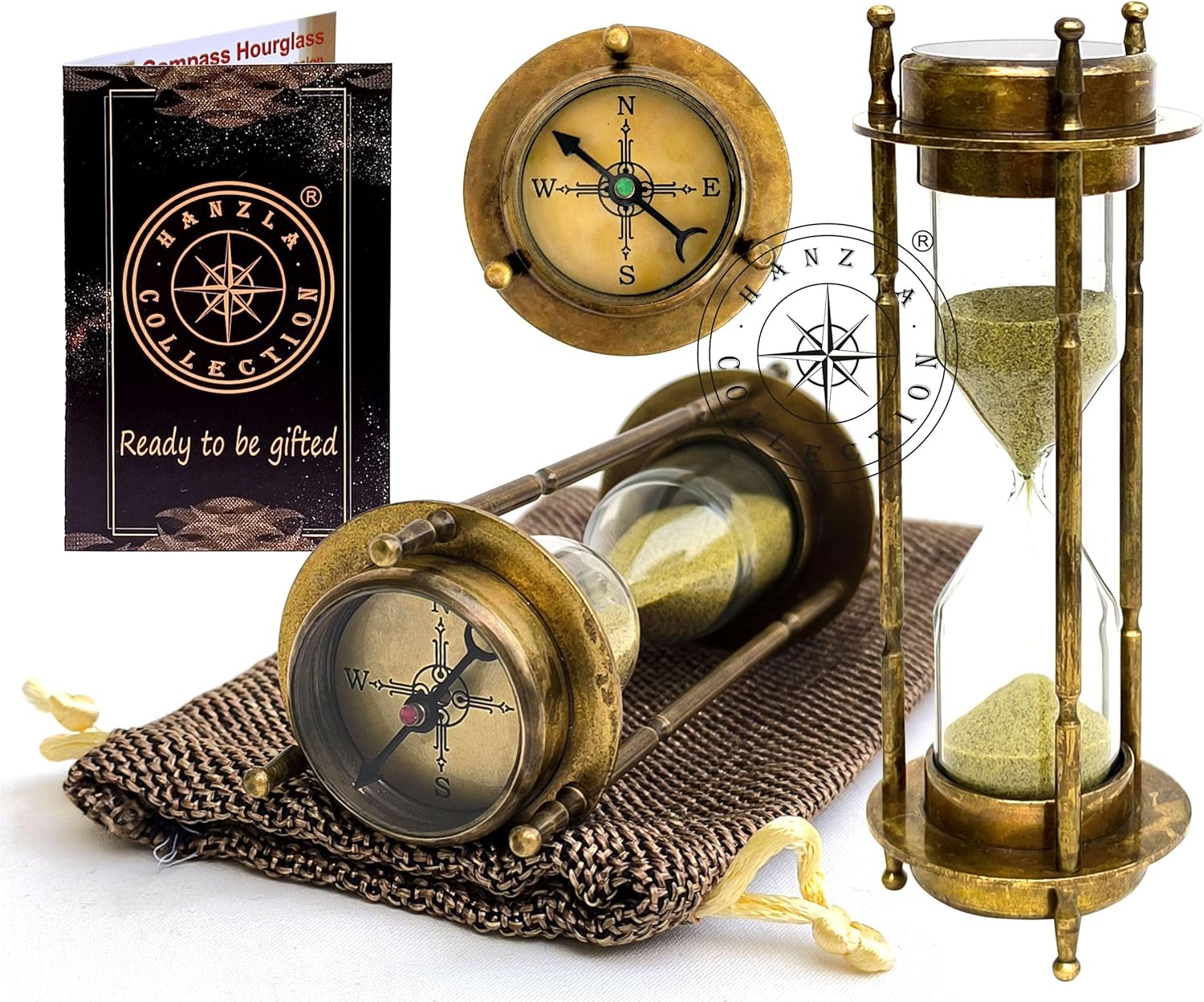 Brass Compass Hourglass with Jute Case Nautical Maritime Sand Timer Vintage Hour Glass Metal Sand Watch Sand Clock Decorative Sandglass for Gift & Home Office Desk Decor