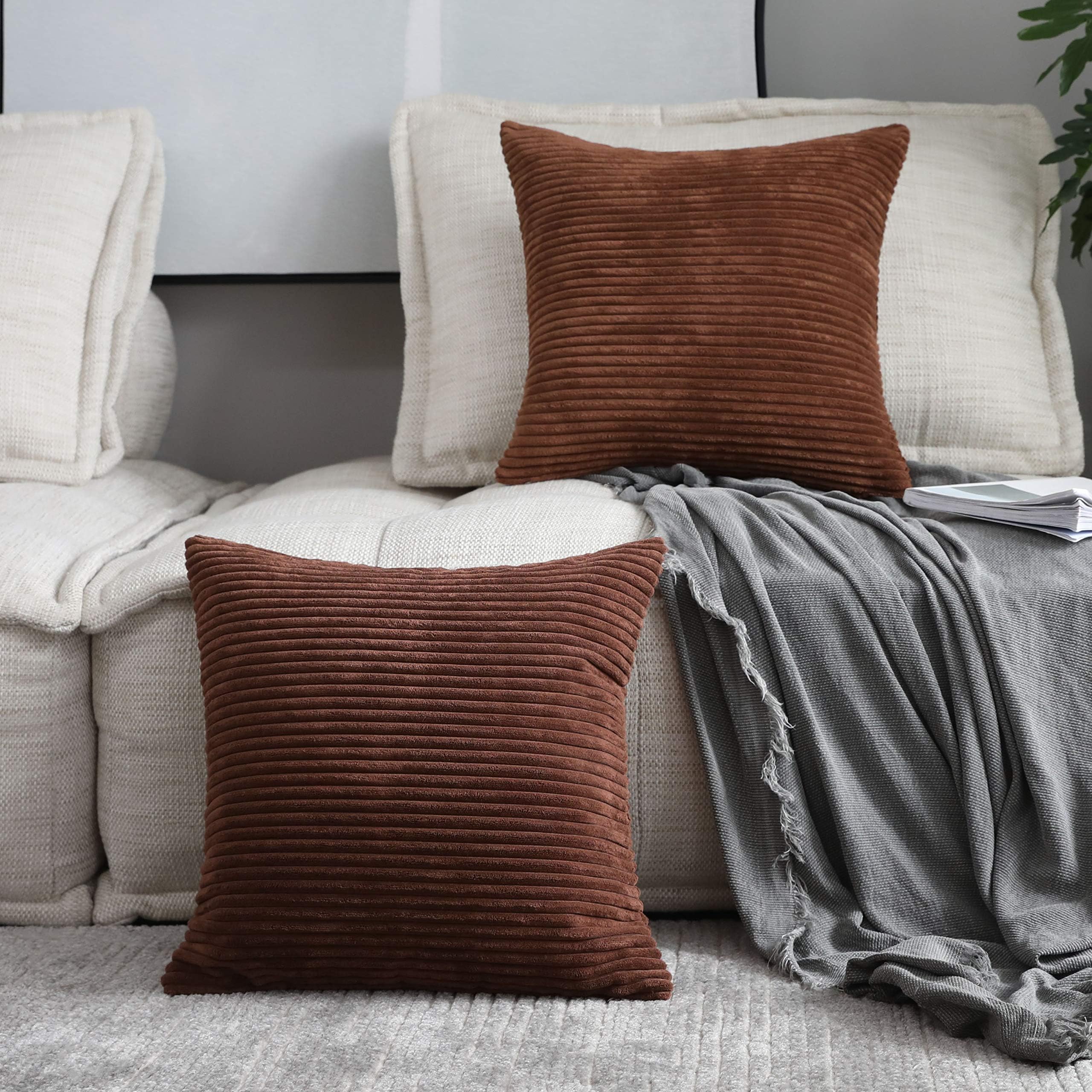 Home Brilliant 24x24 Pillow Covers Set of 2 Striped Corduroy Plush Velvet Euro Sham Large Throw Pillow Cover for Chair, 24 x 24 inch, Brown