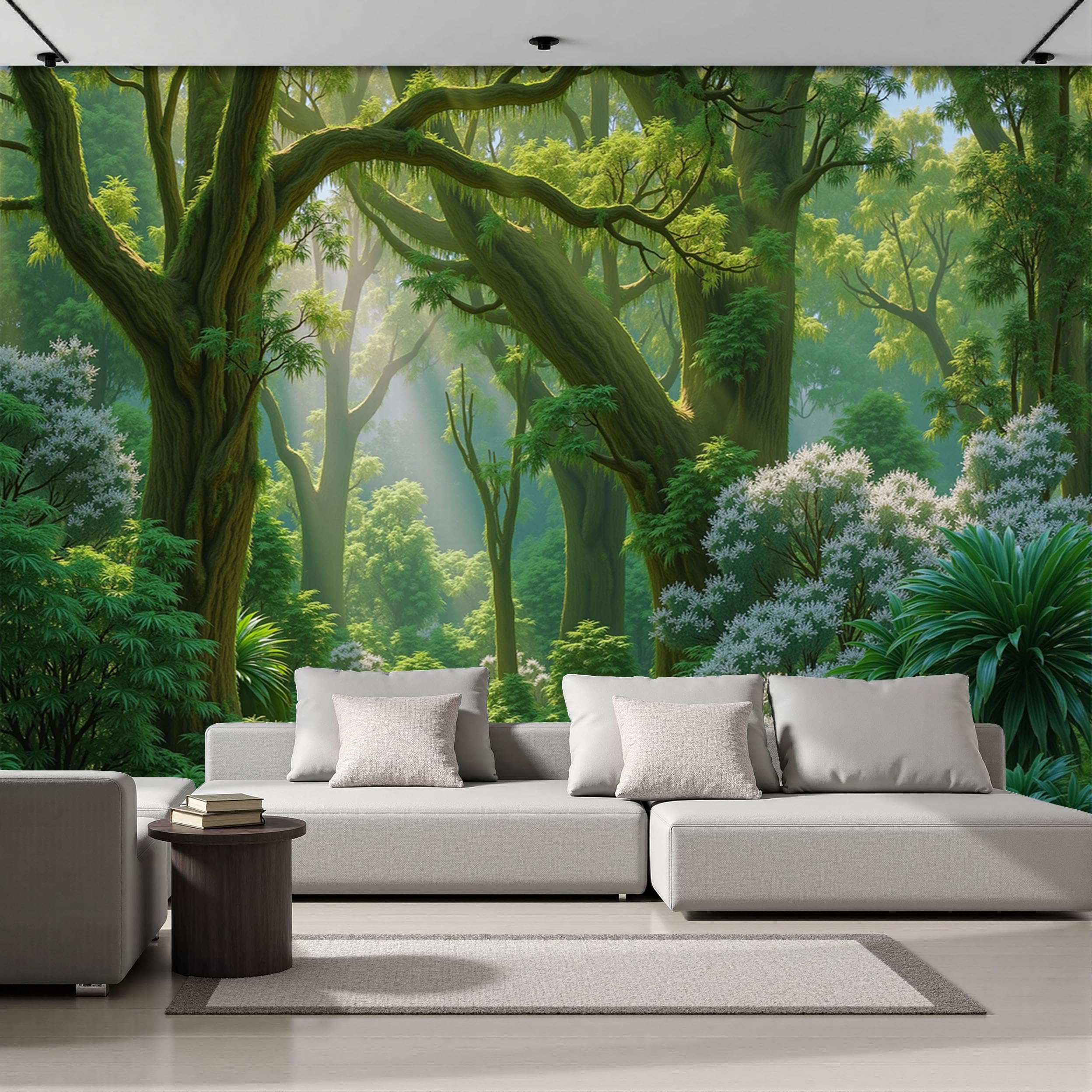 Papier Peint Arbres Panoramique 3D Vert Paysage Forestier pour Salon (200x140cm)