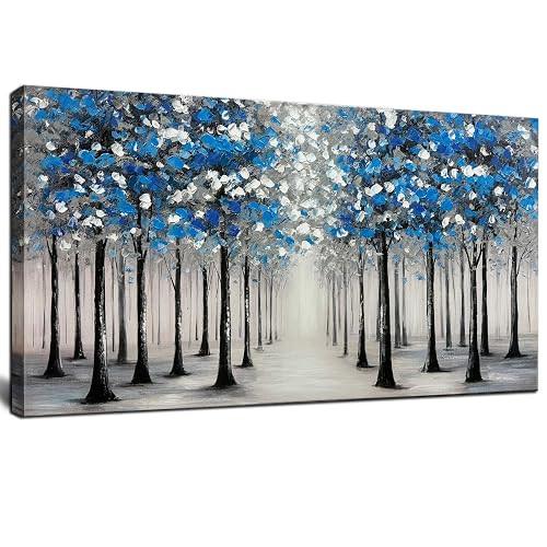 Large Forest Wall Art for Living Room Blue and White