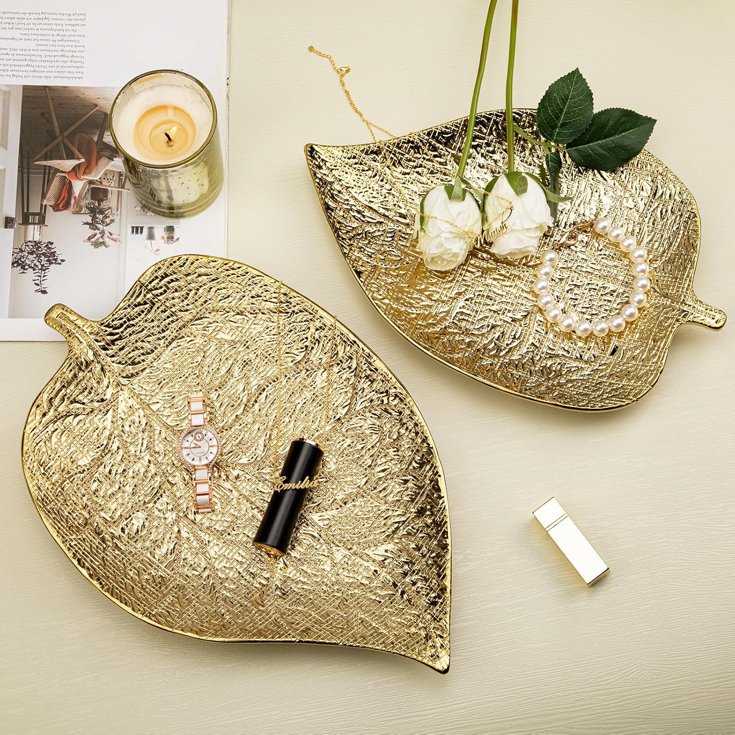 Oversized Leaf-Shaped Ceramic Jewelry Tray Set of 2, Extra Large Decorative Tray Gold Vanity Trays for Rings, Necklaces, Keys, Gifts for Mom, Coffee Table Decor, Entryway Table Trays