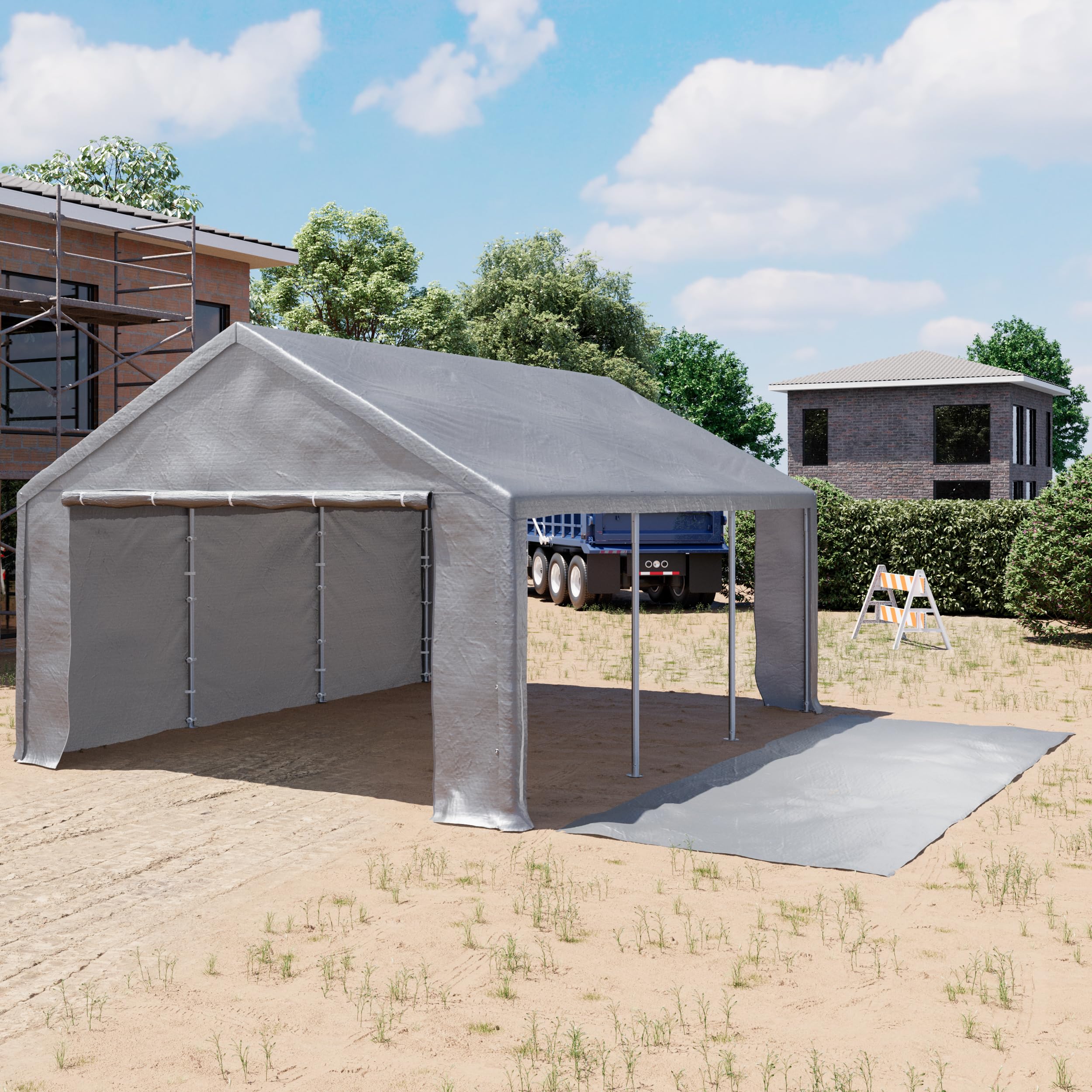 TOOLPORT Lagerzelt 4x8 m Zelthalle Unterstand Zeltgarage PE Plane 350 N wasserdicht in grau