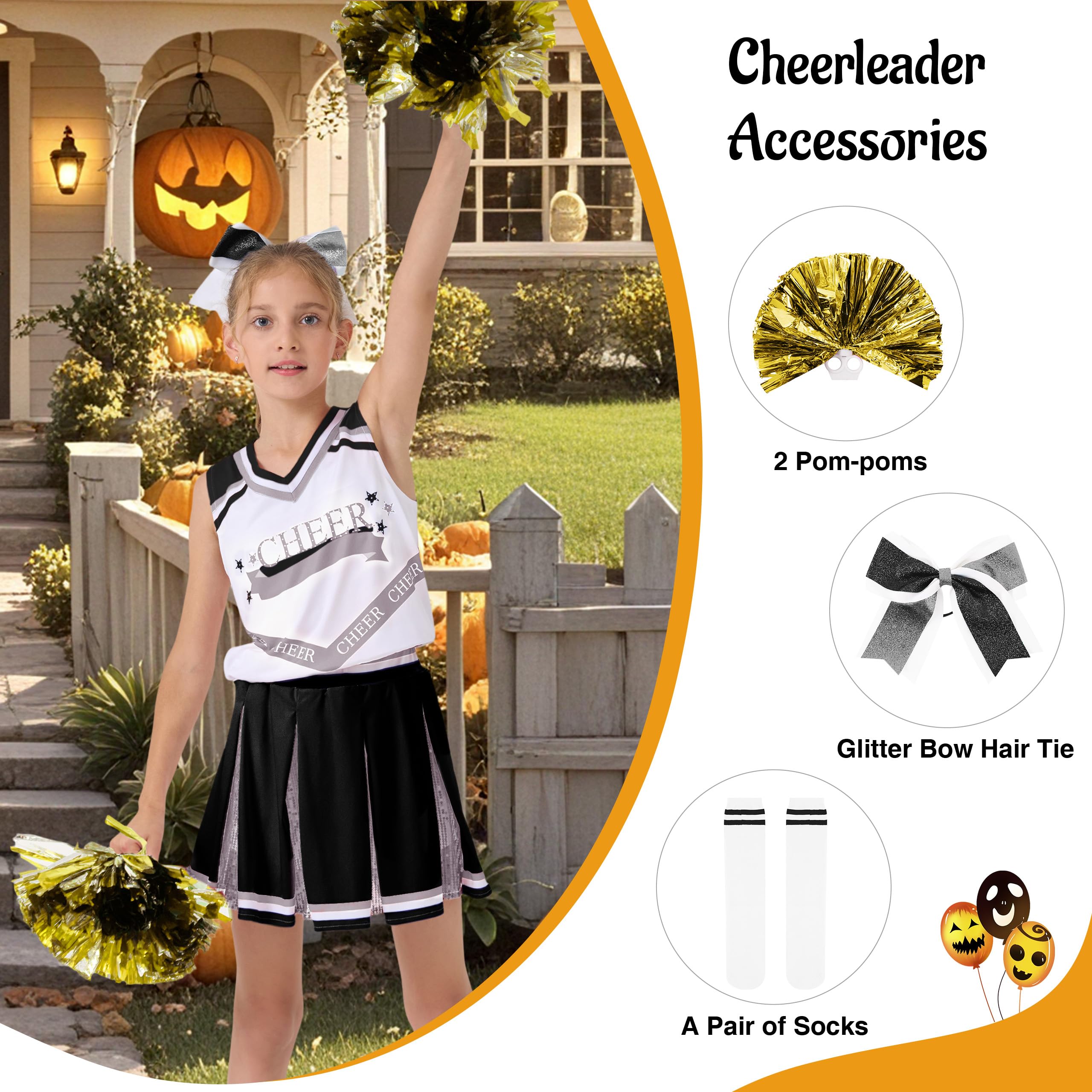 LOLANTA Girls Zombie Cheerleader Costume Kids Black Cheerleading Outfit with Pompoms Socks - Image 4