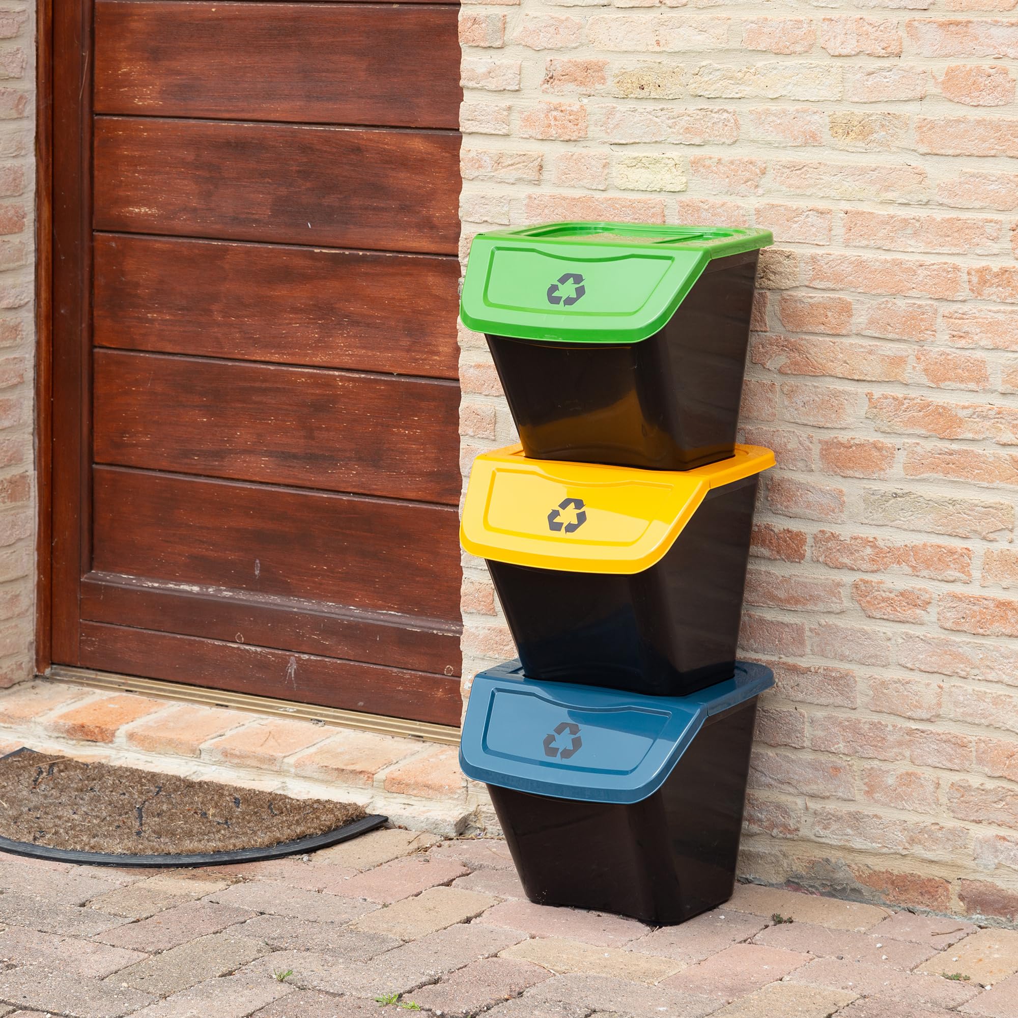 DEA HOME Ecobin Set 3 pattumiere per raccolta differenziata 30L ciascuna, 39x39x33h cm, con coperchio removibile e apertura frontale, design compatto salvaspazio, ideale per interni ed esterni