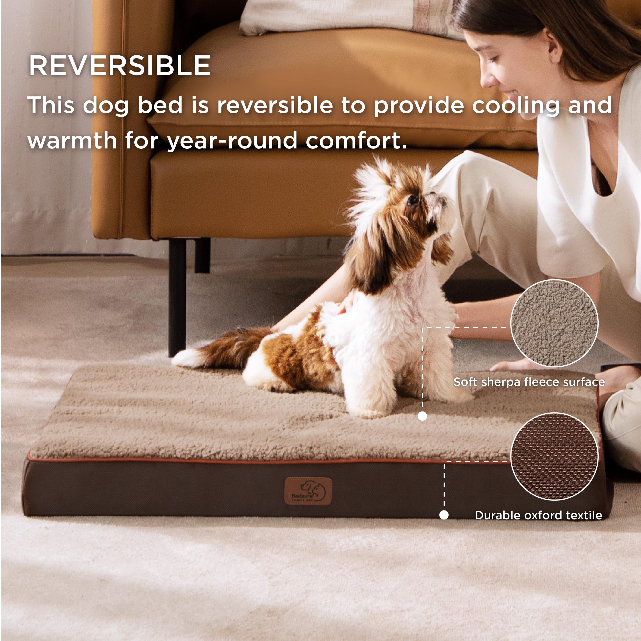 Bedsure Cuscino per Cane Medio - Materassino per Cani Taglia Media Interno Cuscino Cane Sfoderabile Lavabile 76x51x7.6 cm, Marrone