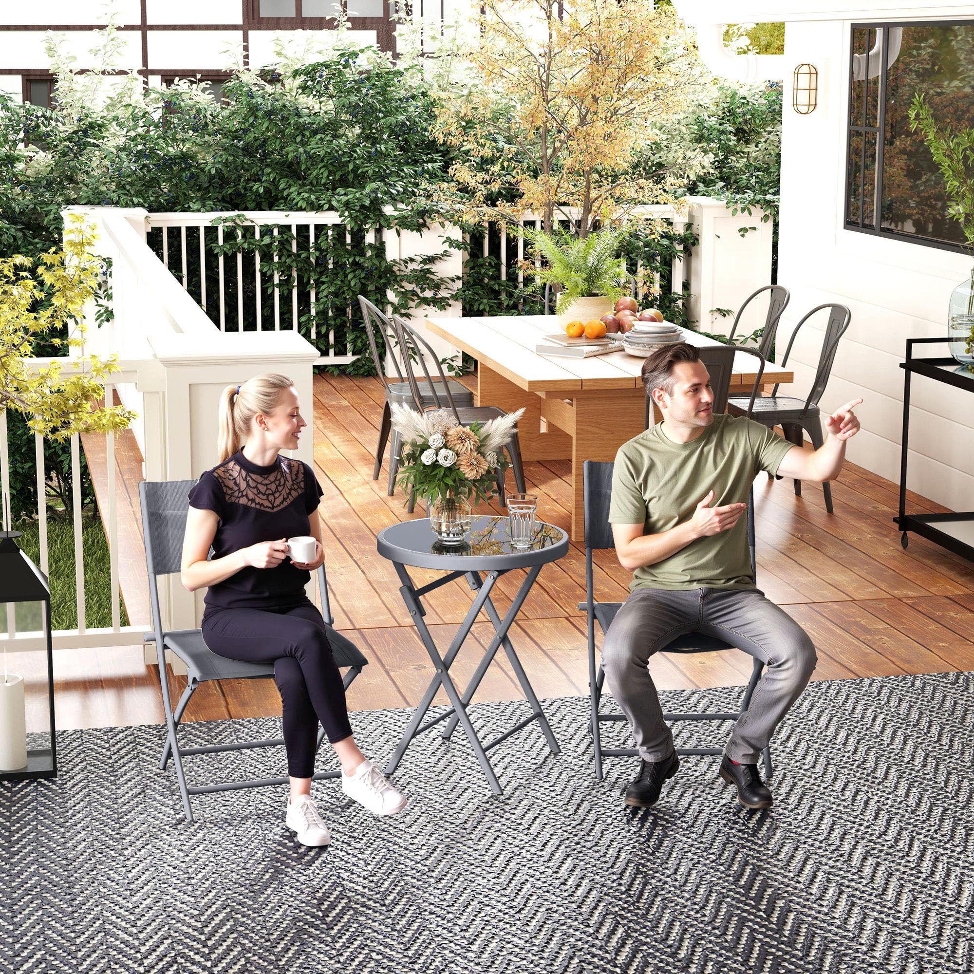 Outsunny Ensemble de bistrot 3 pièces Pliable en métal, 2 chaises et 1 Table Ronde, Salon de Jardin extérieur 2 Personnes, Table de Jardin extérieur avec chaises pour Jardin, terrasse, Balcon, Gris