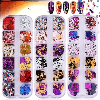 Halloween Nail Glitter Sequins, EBANKU 3 Boxes Holographic Star Skull Spider Pumpkin Bat Ghost Witch Shape Confetti Glitter for Nail Art Design Halloween Party