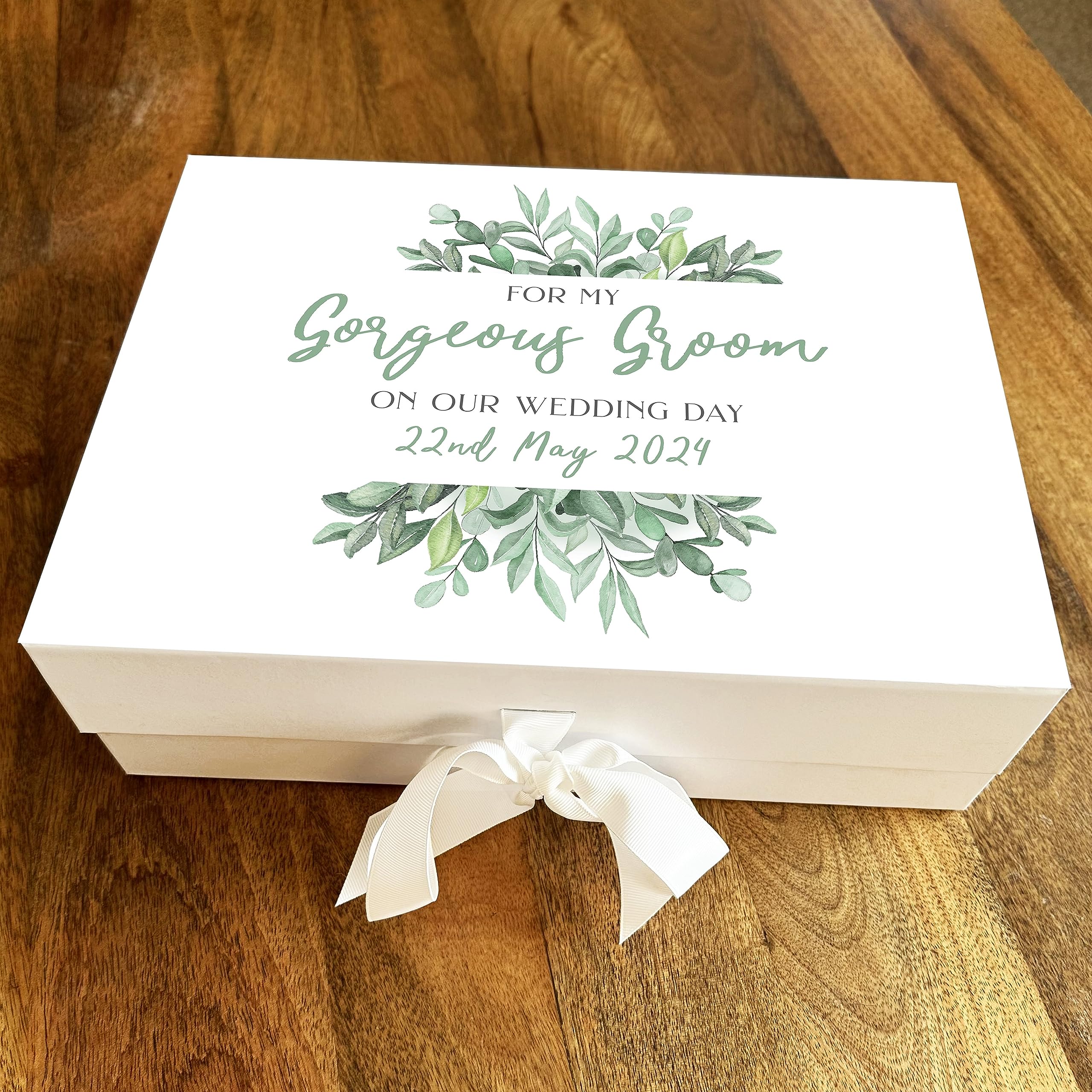 Fingerprint Designs Groom Husband Green Leaves Personalised Wedding Day Keepsake Hamper Gift Box - Special Wedding Keepsake Memories Treat Hamper Personalised Gift Box