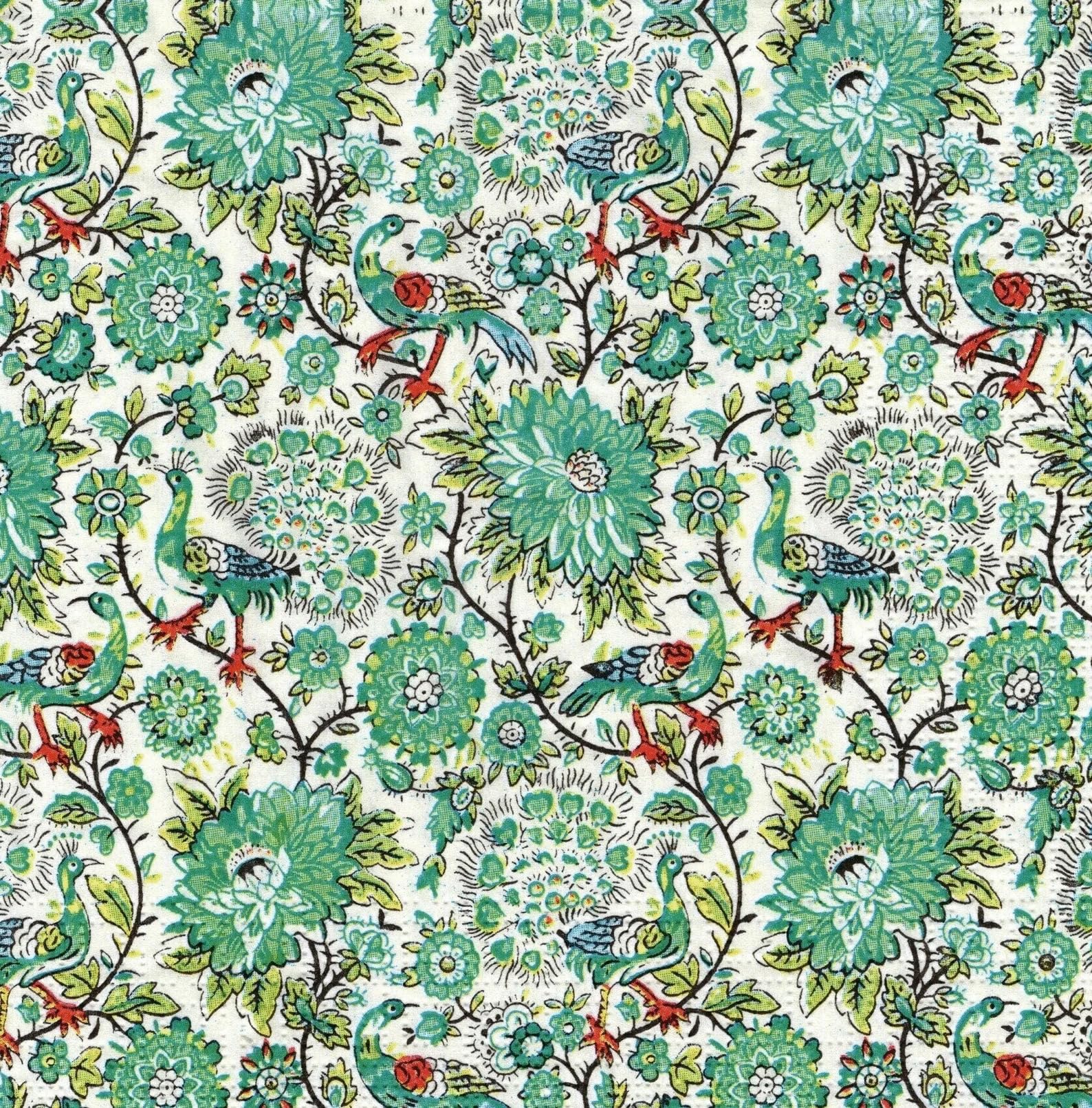 Set of 2 Individual Decoupage Paper Party Napkin Aqua Floral Peacock Watercolor Decor Luncheon Napkins for a Birthday Holiday, Wedding, Cocktail Party