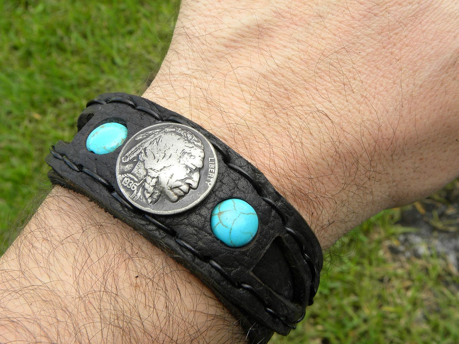 Cuff black Bison leather customize size Bracelet wristband Vintage Buffalo Indian Nickel coin turquoise cowboy cowgirl Buffalo Bison fans