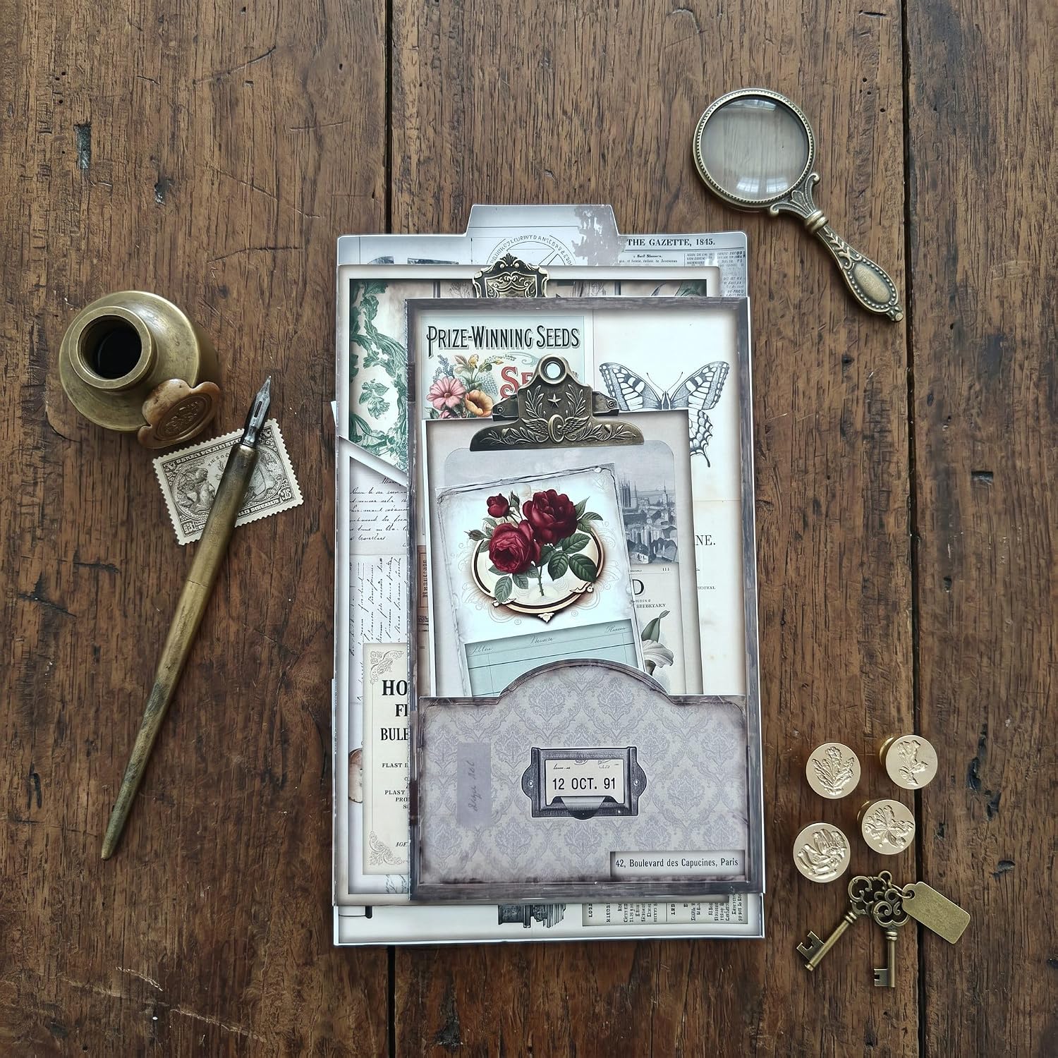 Vintage Curiosity Reverie Junk Journal Folio Kit, Vintage Scrapbook DIY Handcraft Supplies, Creative Mini Folder & Booklet Making Set for Handmade Art Projects