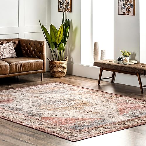 Miniatura 1 de nuLOOM Emani Alfombra de medallón lavable a máquina, 4 x 6 pies, multicolor