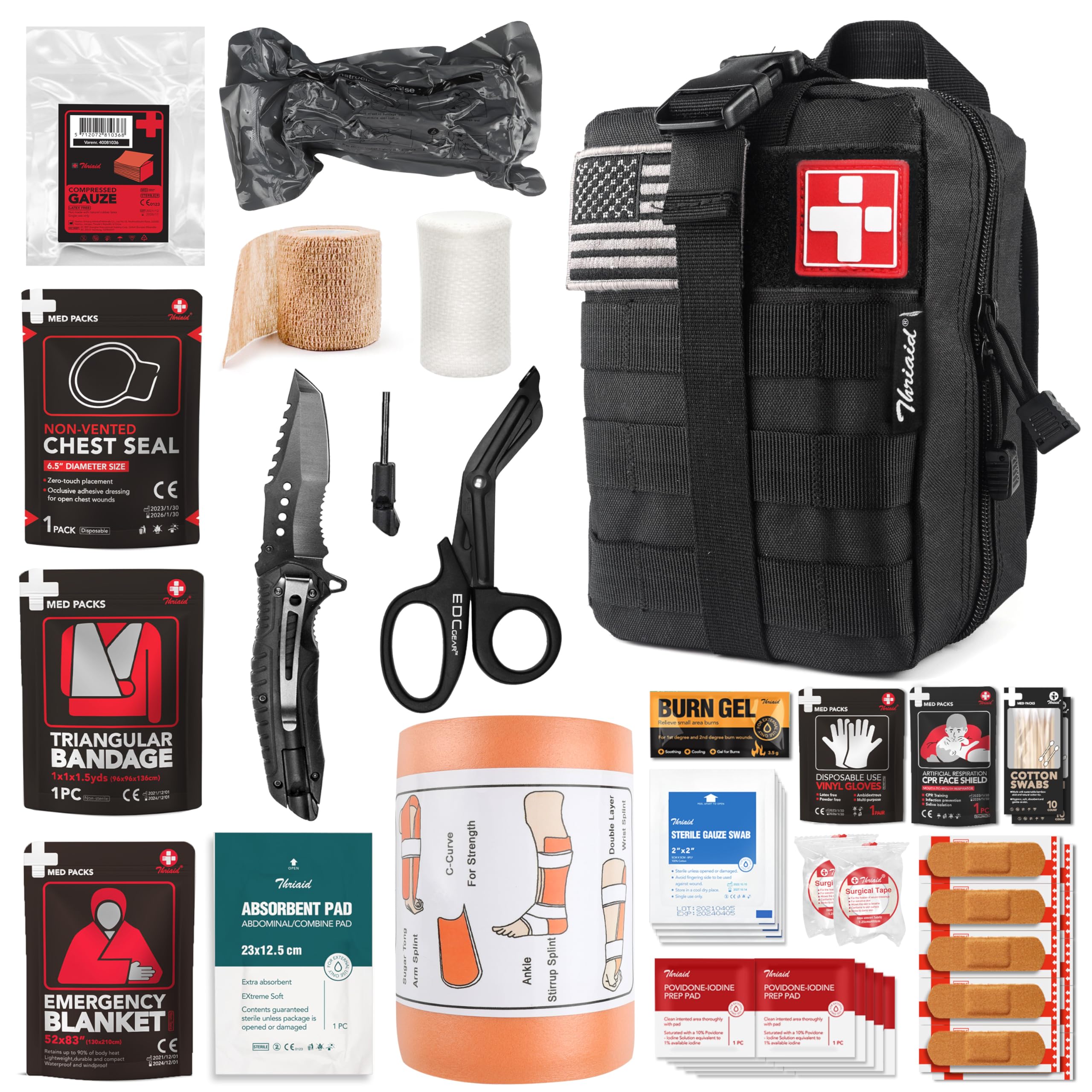 THRIAID Survival First Aid Kit with Israeli Bandage, Splint, Chest Seal, Tactical Military Combat Molle IFAK for Wound Care, Bleeding Control, Trauma Hemorrhage and More (Black)