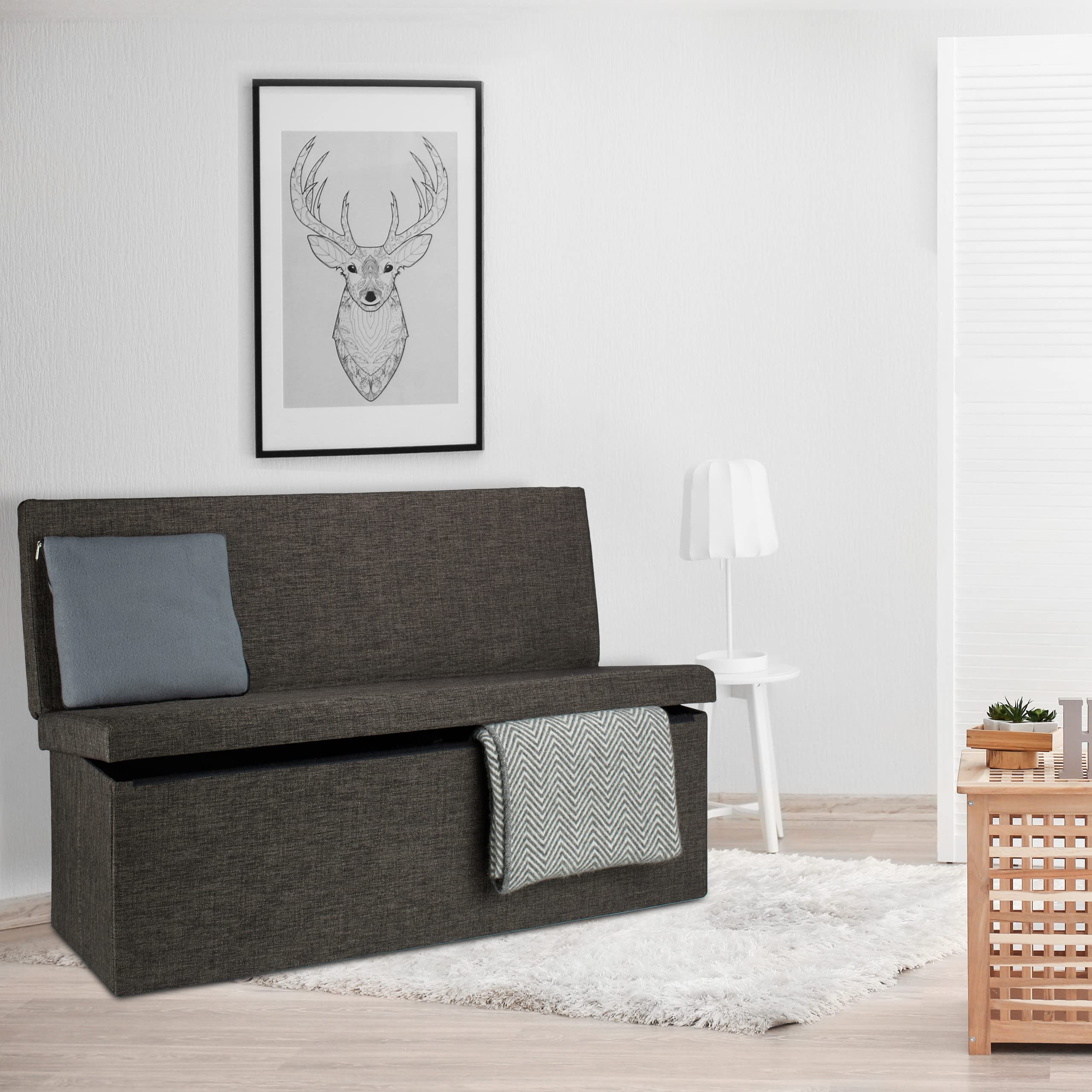 Relaxdays Panca Pieghevole con Schienale, Coperchio, Contenitore, Imbottita, Lino, Marrone, HxLxP: 73 x 114 x 38 cm