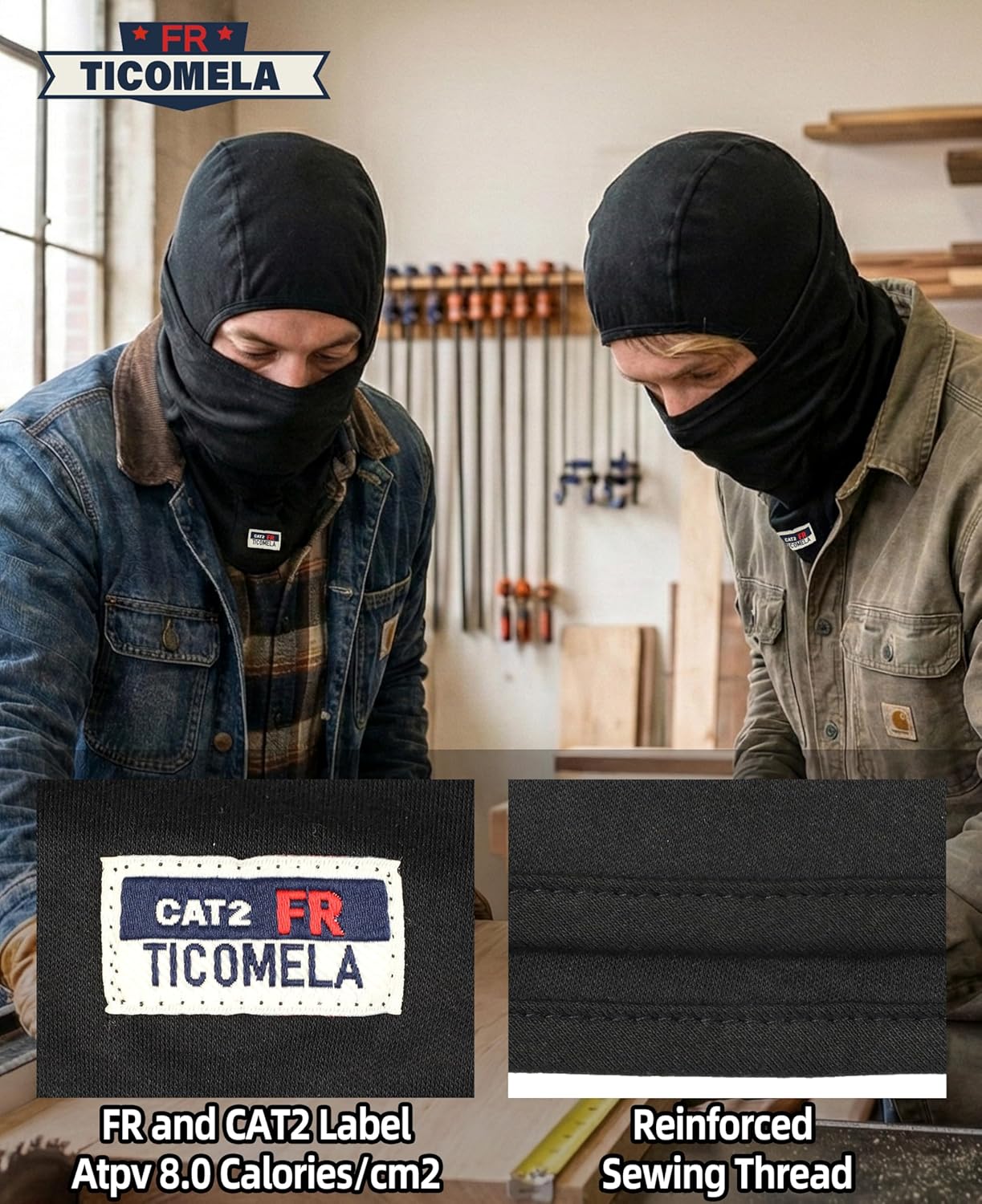TICOMELA FR Face Mask Balaclava - Lightweight & Breathable for Summer |CAT2 Arc Rated Flame Resistant Hood,Welding Safe Cover