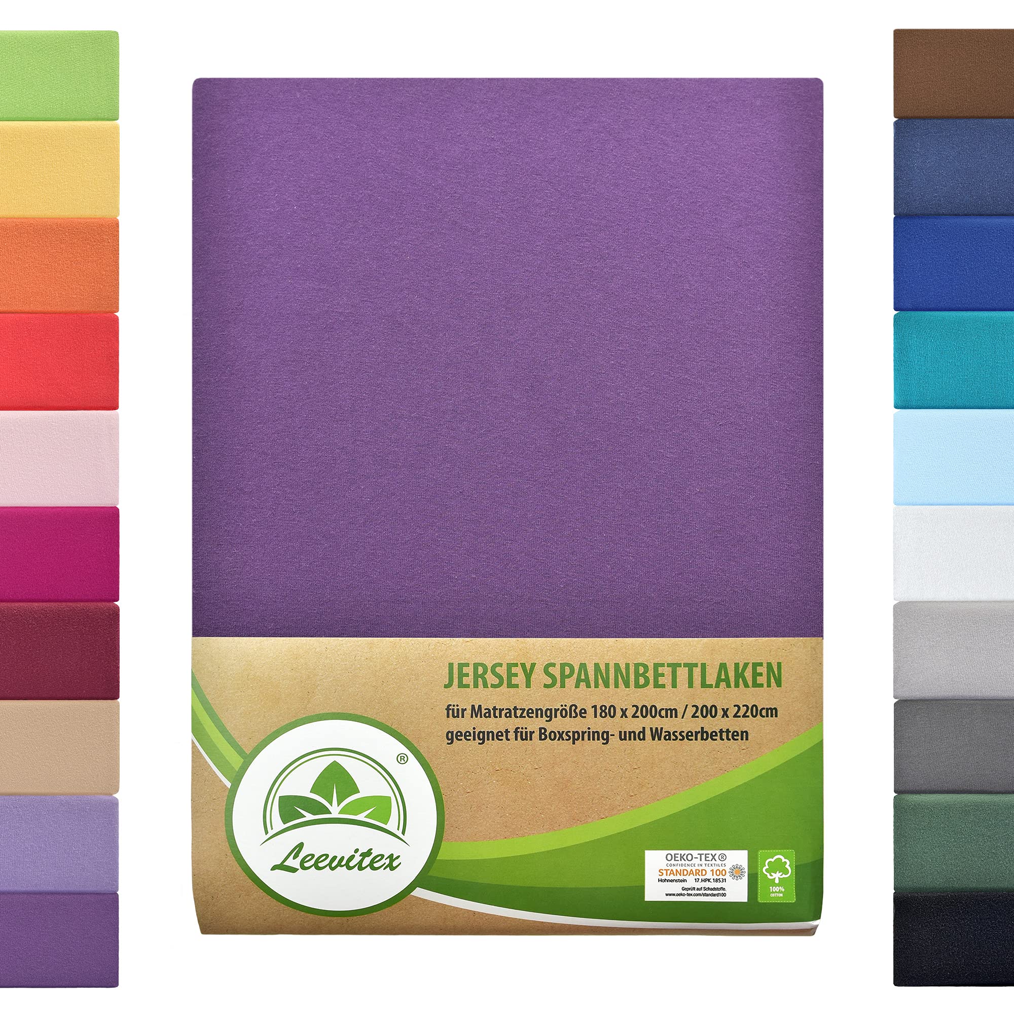 Leevitex® Box Spring Bed & Water Bed Fitted Sheet | Oeko-Tex | 180 x 200 - 200 x 220 cm | 100% Jersey Cotton | 150 g/m² | 40 cm Bridge | Purple/Plum