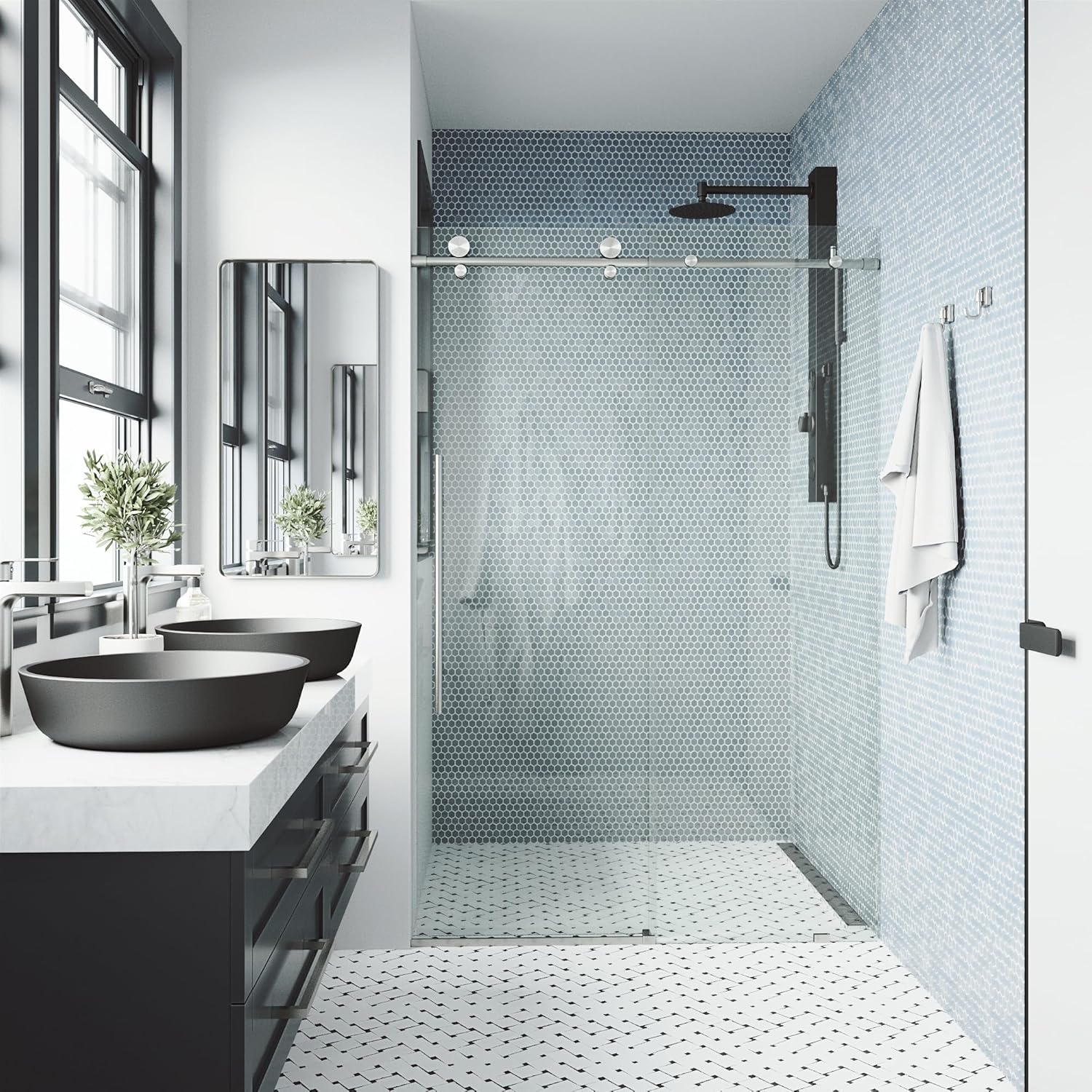 VIGO Elan E-Class 56 to 60 in. W x 76 in. H Frameless Sliding Shower Door in Stainless Steel with 3/8 in. Clear Glass-VG6021STCL6076