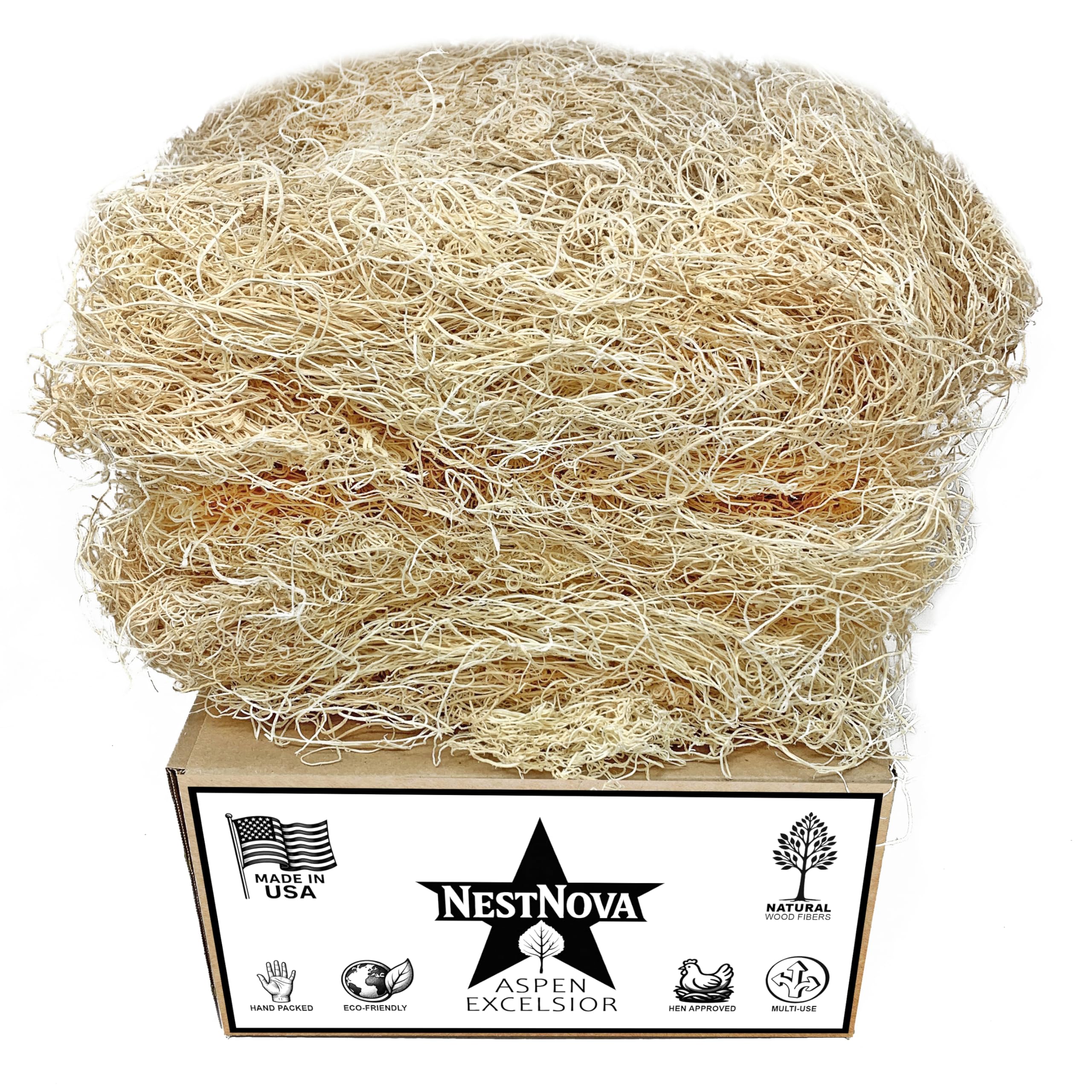 NestNova™ Aspen Excelsior – 2 lb Box of All-Natural USA-Grown Aspen Wood Fiber | Eco-Friendly Nesting Material for Chicken Coops, Small Pet Bedding, Crafts & Gift Baskets | Biodegradable, Hand-Packed