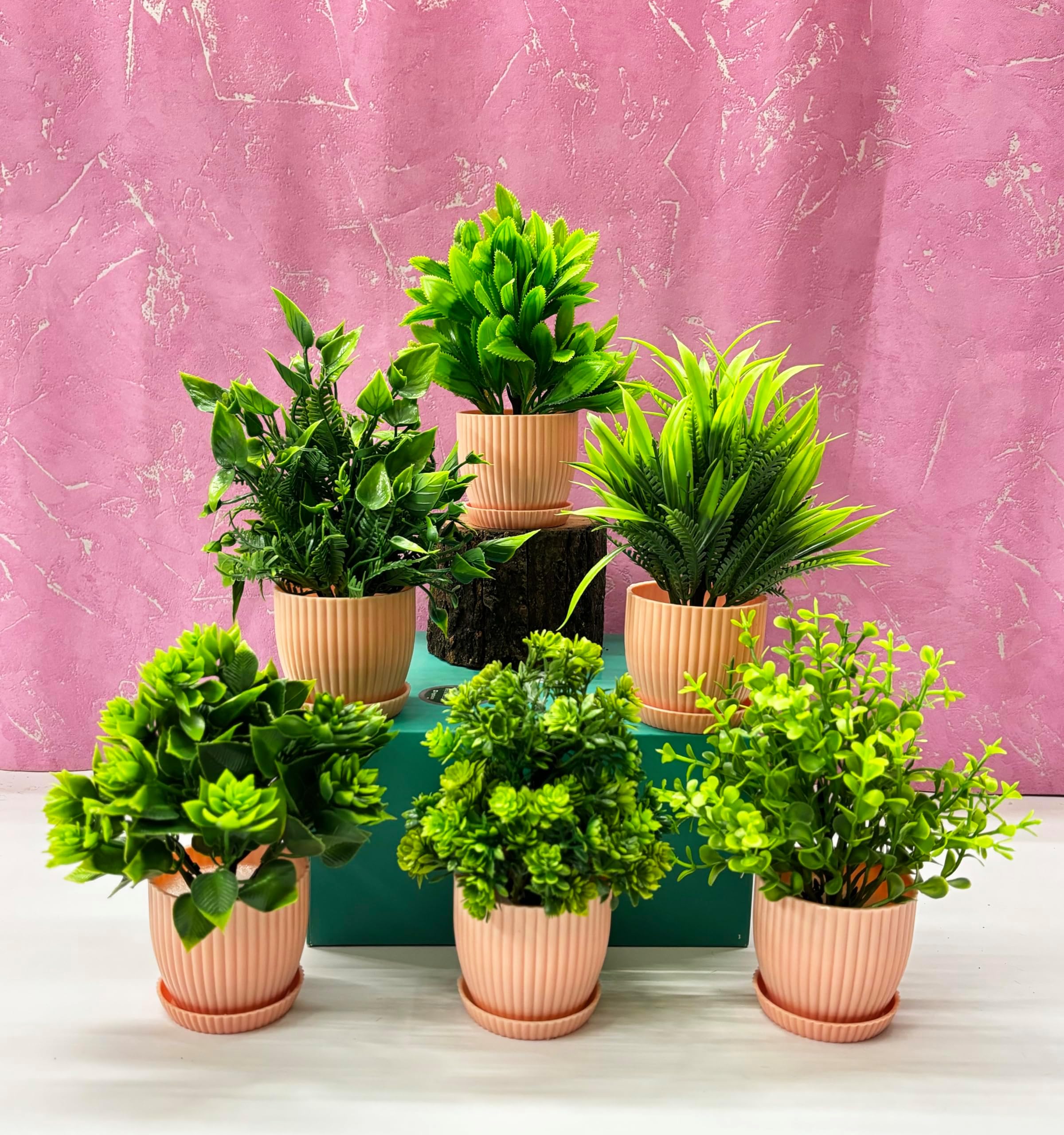 Dekorly Plastic 6 Packs Fake Plants Small,Mini Artificial Plants Indoor For Home Farmhouse Bathroom Shelf Décor(Height : 17Cm,Pink)