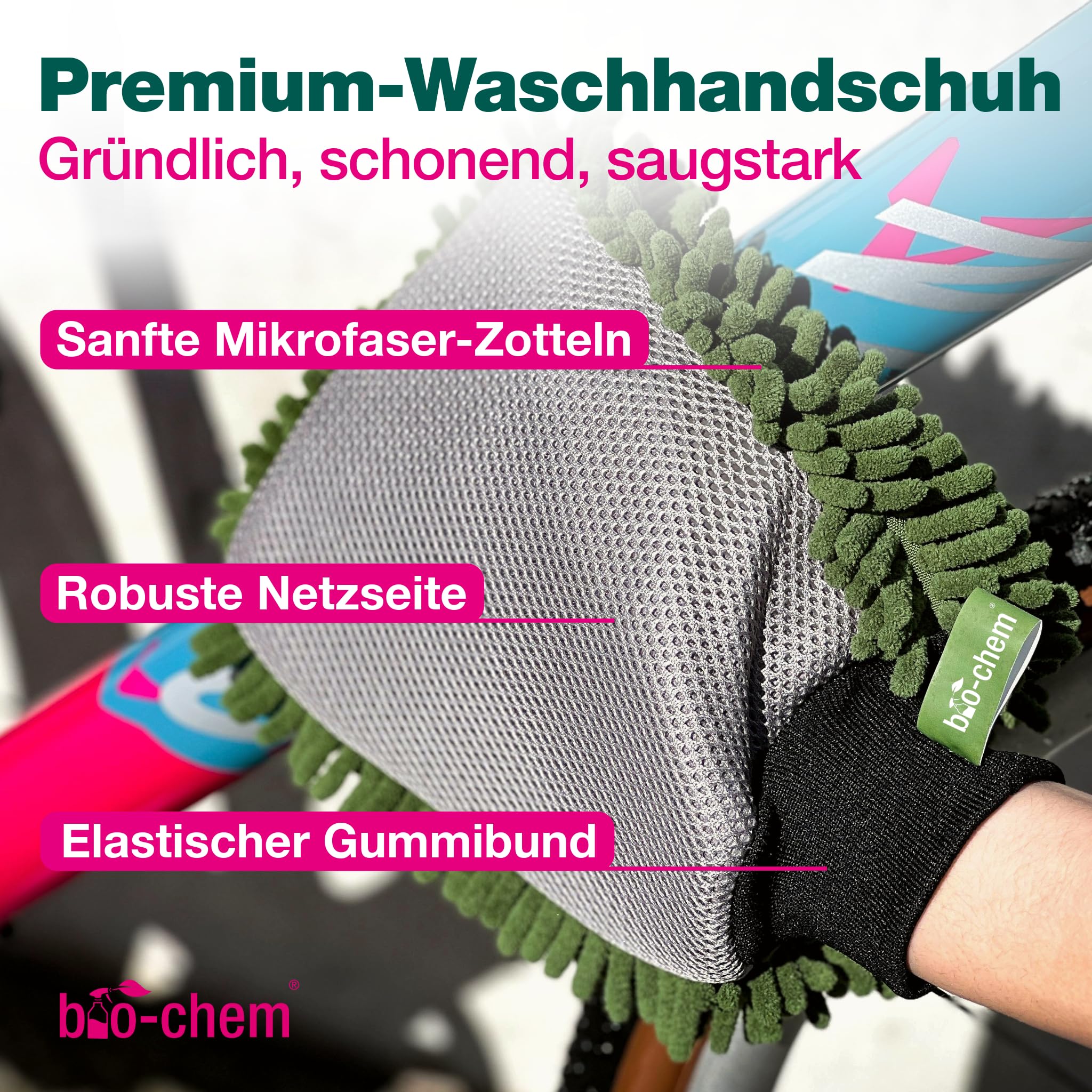 bio-chem Fahrrad Zubehör Set 8-teilig für Reinigung & Pflege | Mit Bürsten, Waschhandschuh & Tüchern für MTB, E-Bike, Rennrad und Citybike | Fahrradreinigung & Pflege