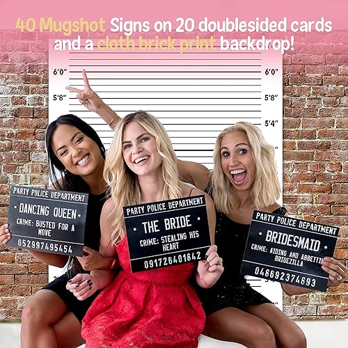 Miniatura 2 de Telón de fondo con estampado de ladrillos de tela y 40 carteles únicos de crímenes en 20 carteles de despedida de soltera  Más instrucciones de