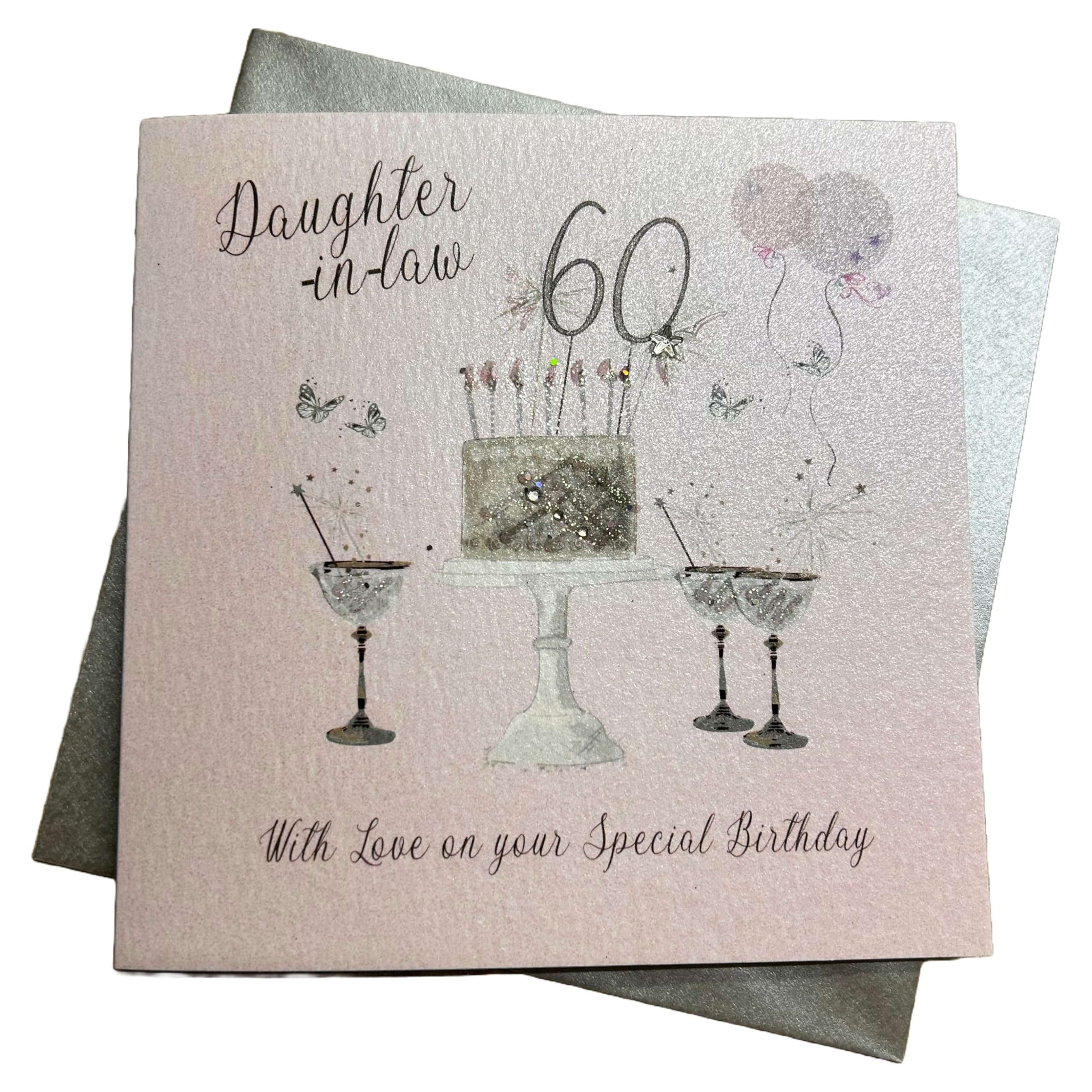 Happy 60th Birthday Card Daughter-in-Law Champagne Glasses Pink Roses by White Cotton Cards SS42-DIL60, 16cm x 16cm