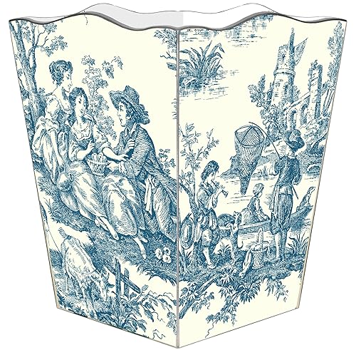 Marye-Kelley - Cesta de basura azul campestre, vintage, madera de decoupage, parte superior festoneada, decorativa para cocina, baño, dormitorio,