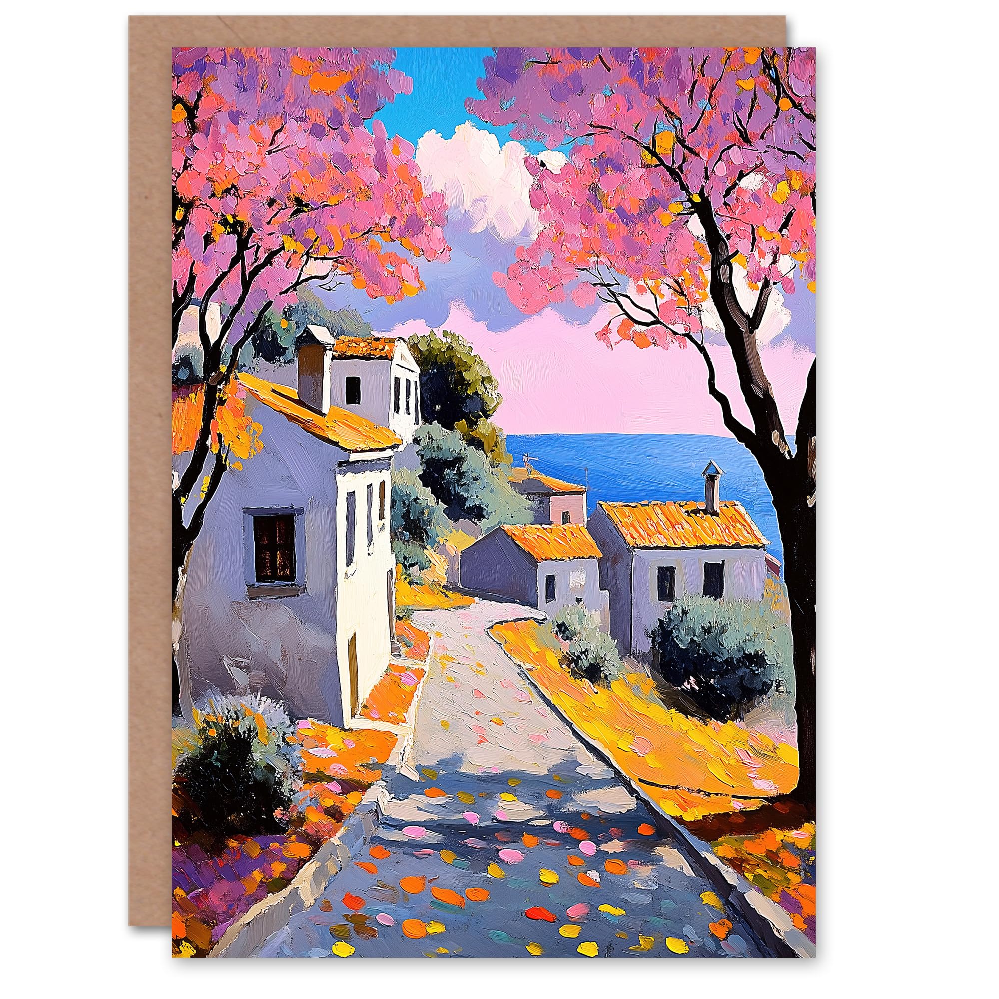 Artery8 Greeting Card French Coastal Village With Cherry Blossoms Trees Blank For Him Or Her Art Birthday Card
