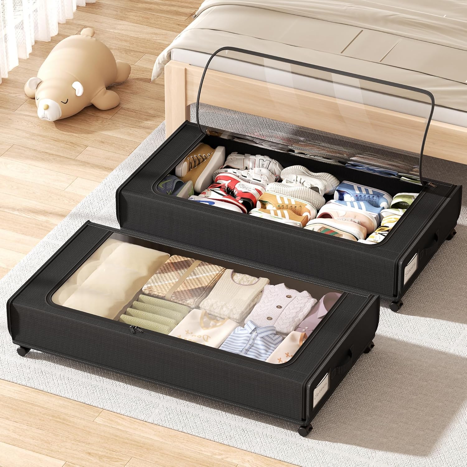 XXXXL Extra Long Under Bed Storage with Wheels,BIGGEST Size Available(66L) under the bed storage Organizer with Lid&Label,Rolling Under the bed Metal Drawer for Clothes,Shoes,Toys(36x17x 6In) Black 66L