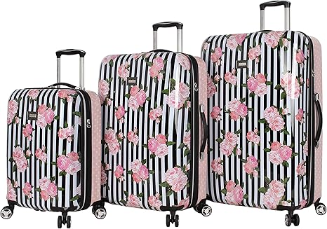 review Betsey Johnson Designer Luggage Collection - Expandable 3 Piece Hardside Lightweight Spinner Suitcase Set - Travel Set includes 20-Inch Carry On, 26 inch and 30-Inch Checked Suitcase (Stripe Roses)
