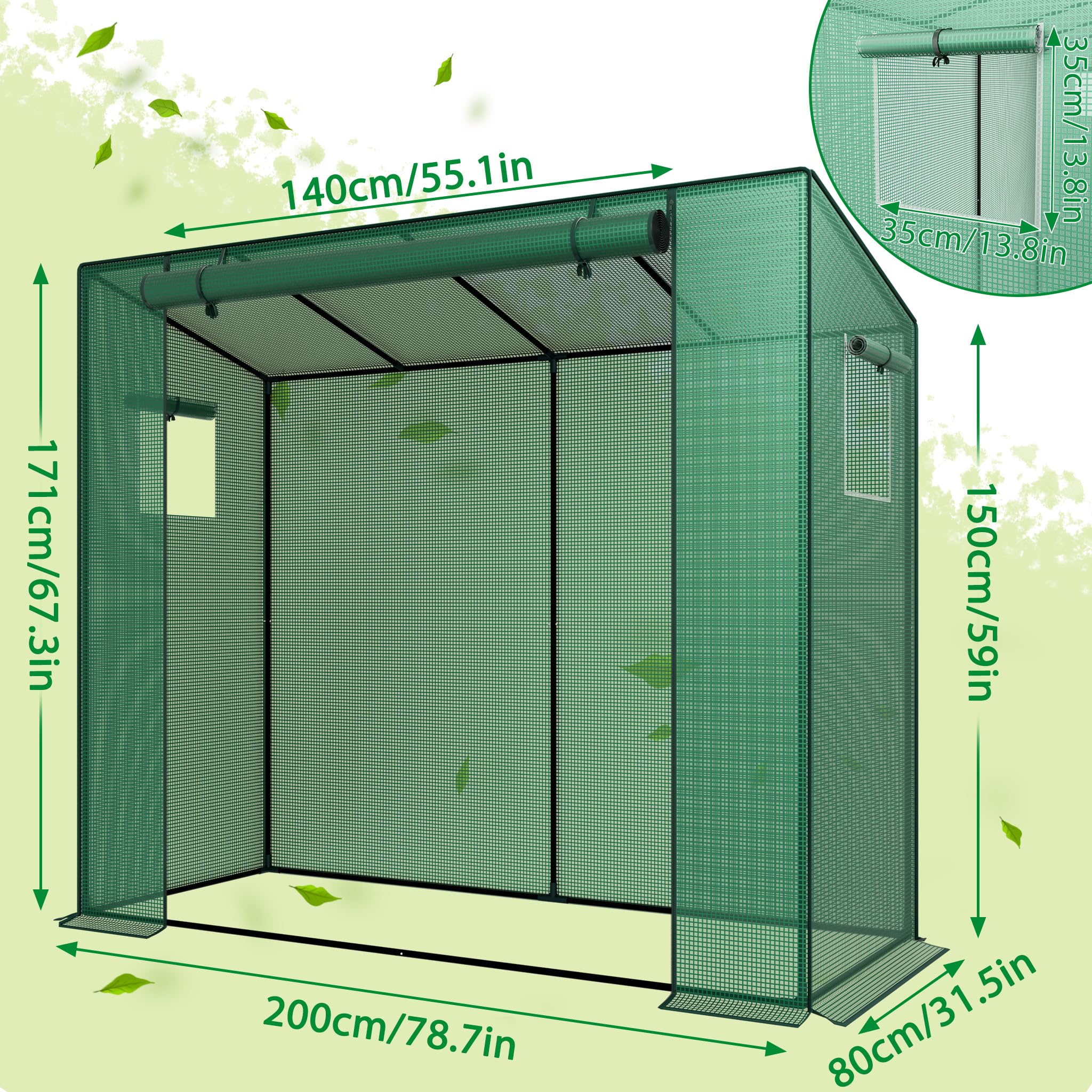 YRHome Serre à toit incliné - 200 x 80 x 150 cm - Avec porte et fenêtre enroulable - Respirante - Tubes en acier galvanisé - Protection UV - Pour légumes - Vert