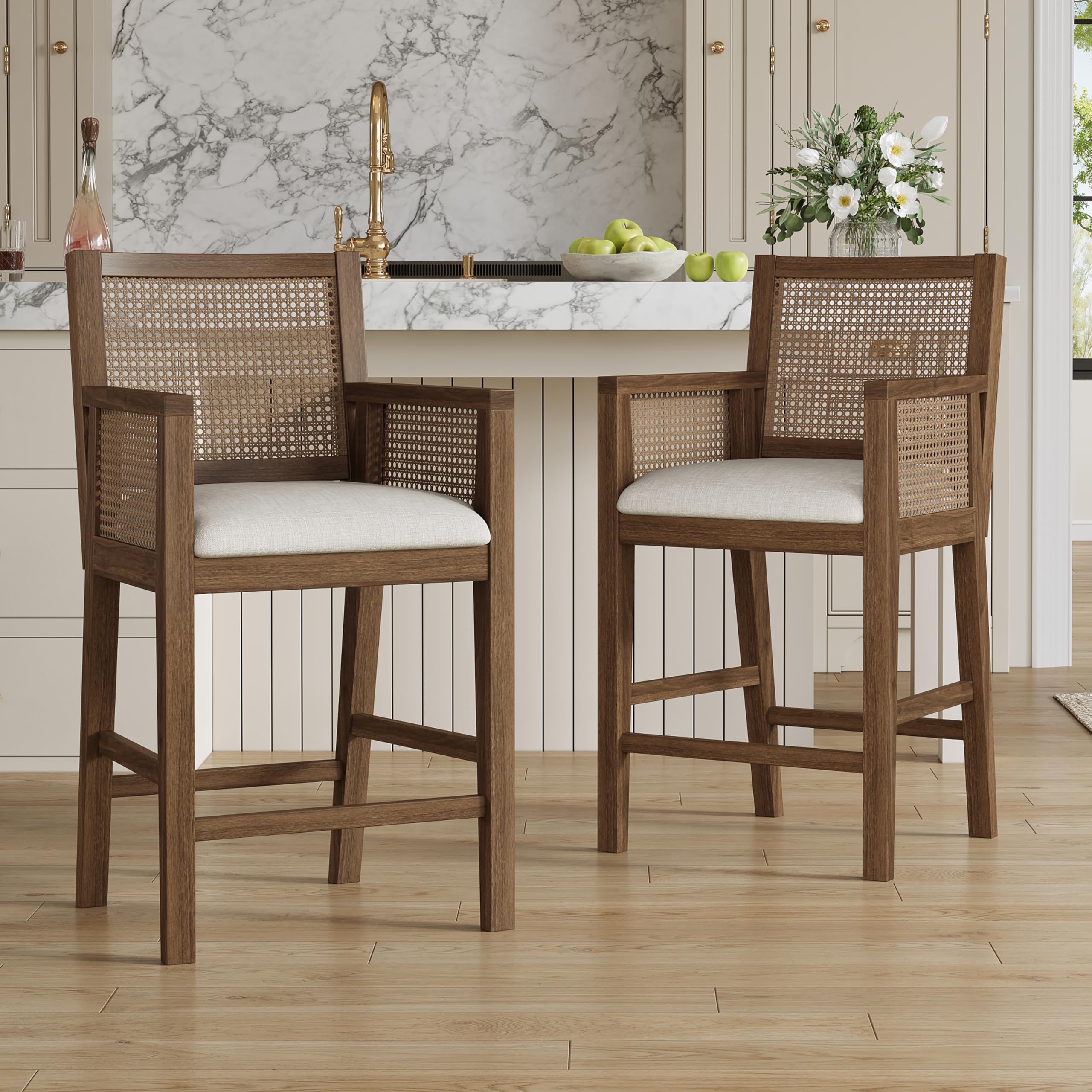 Merax Natural Rattan Counter Stools with Upholstered Cushion Set of 2, 26" Seat Height Counter Chairs with Solid Wood Frame & Handwoven Backrest,
