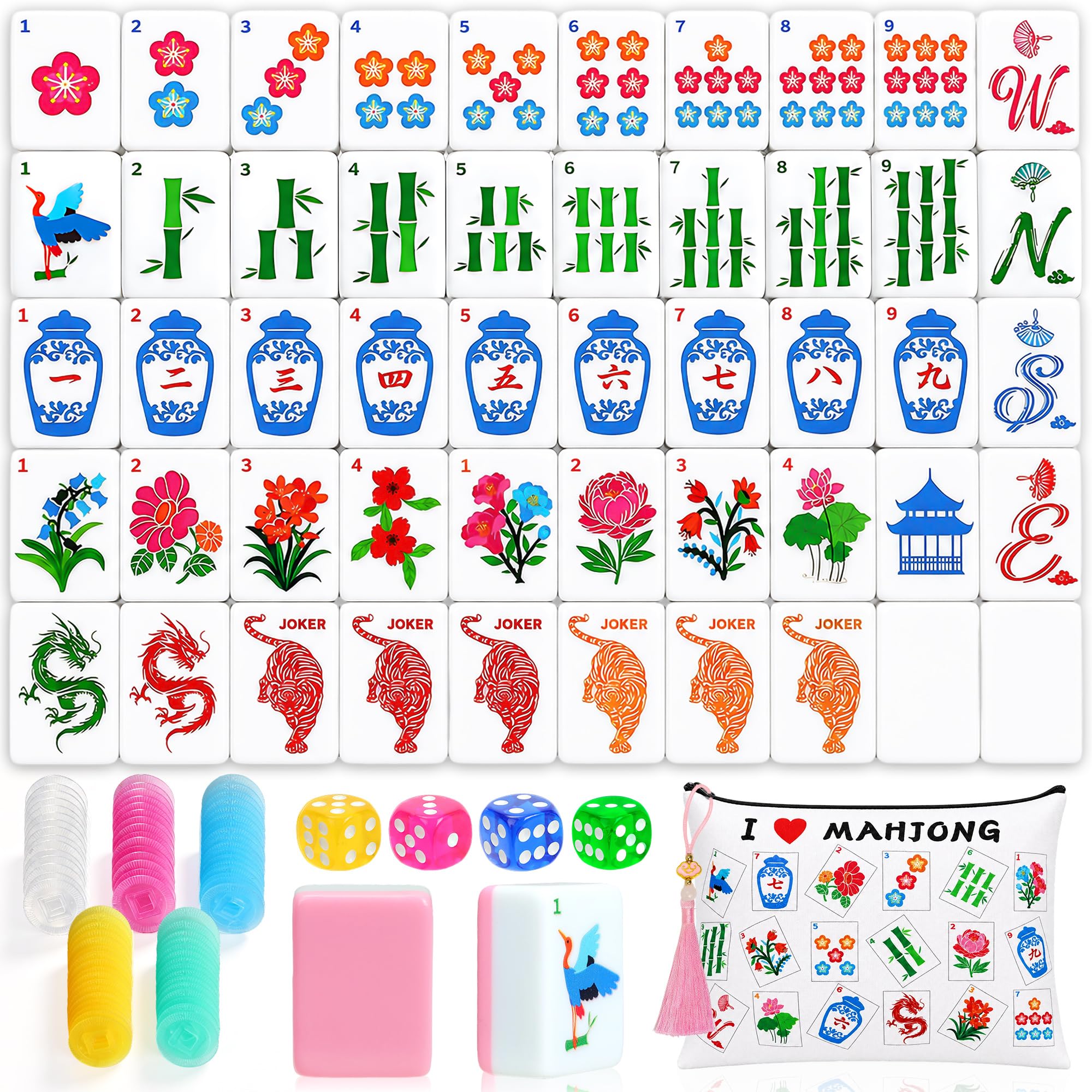 Mahjong Tile Set, 168 Mahjongs Game Set with 4 Dice and Carrying Travel Bag