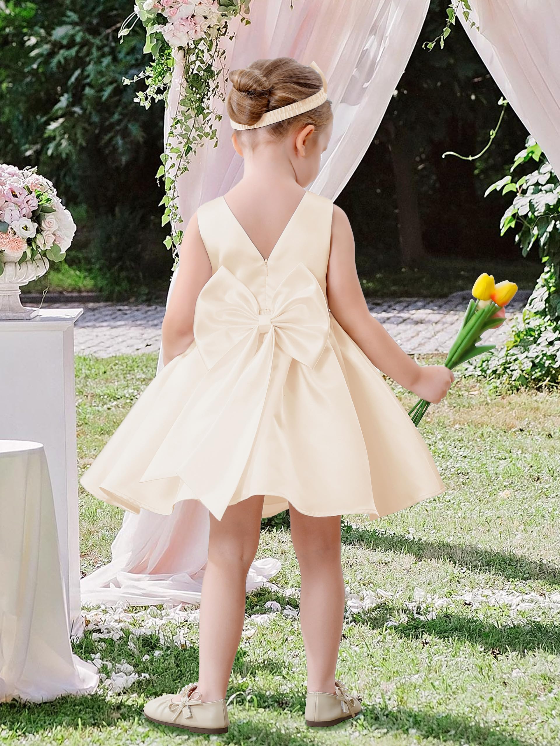 Miipat Robe pour Bébé Fille Satiné Robe Demoiselle d'honneur Bowknot Ligne A V-arrière Baptême Mariage de Soirée Anniversaire Fête Communion Robes pour Enfants de 6 Mois à 4 Ans