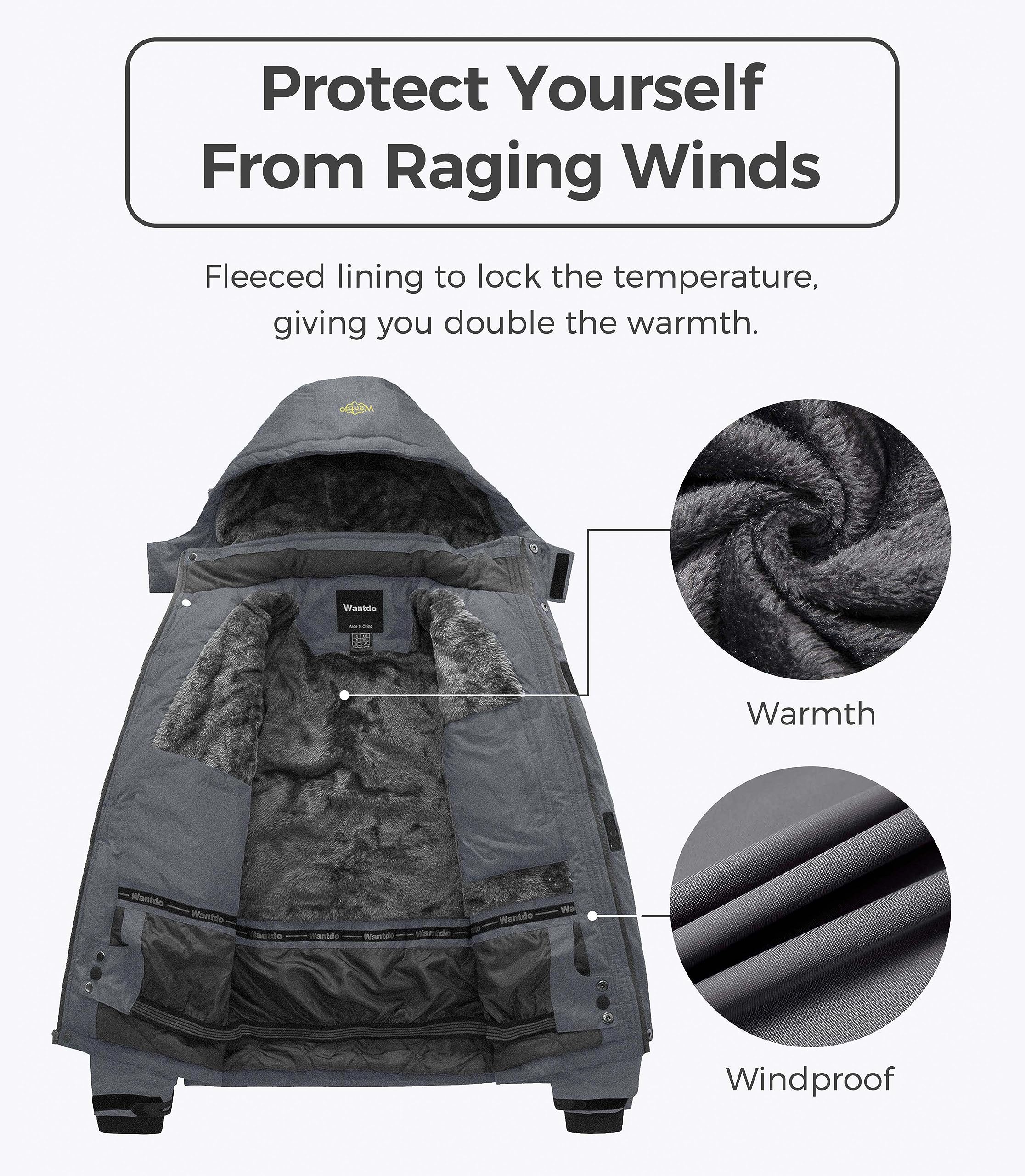 Wantdo Giacca da Sci Montagna Calda Invernale Parka da Neve Imbottita Cappotto da Snowboard in Pile Giubbotto con Cappuccio Impermeabile Uomo