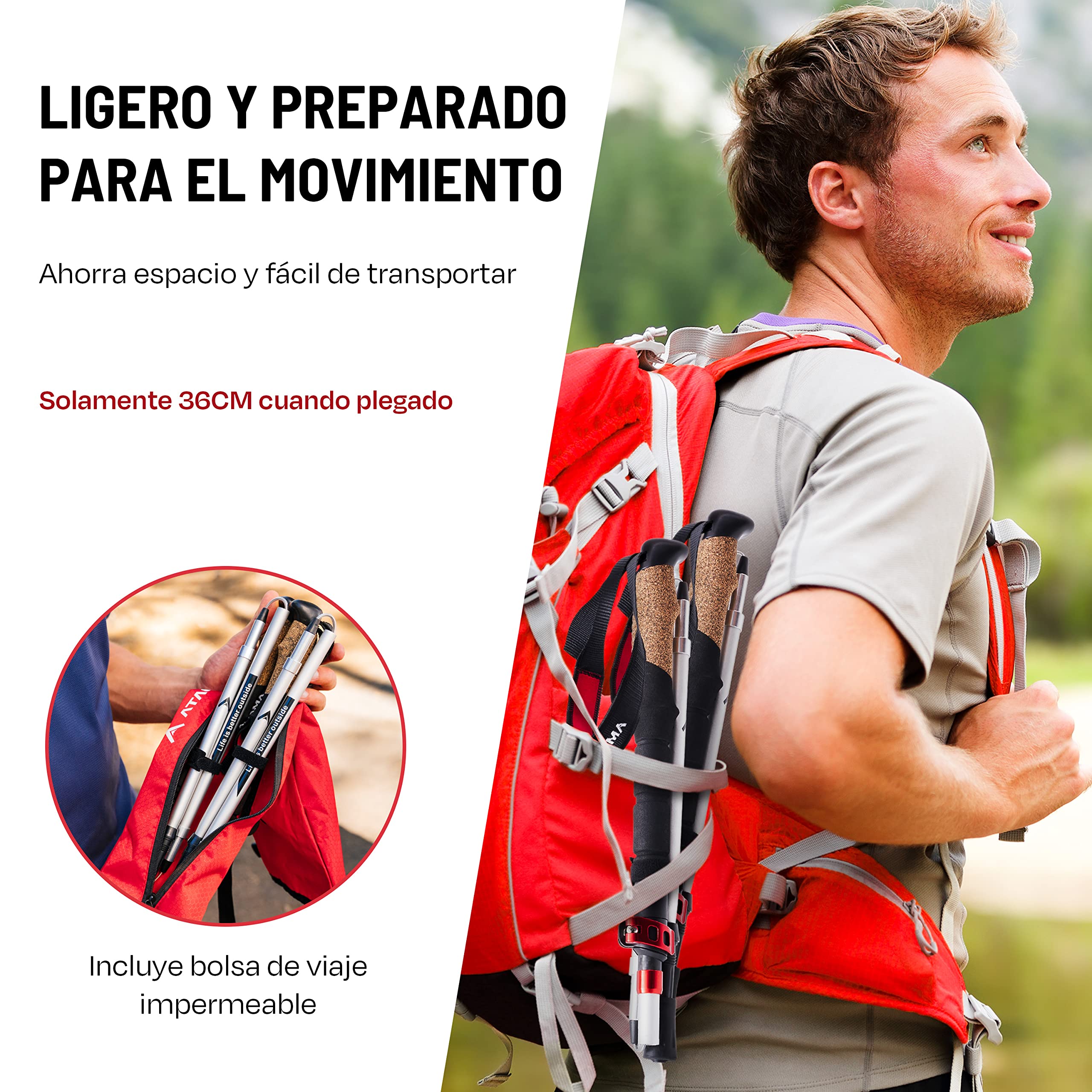 Atacama Bastones de Senderismo telescópicos, de Carbono 3K y Aluminio 7075, con Mango de Corcho, para Hombre y Mujer, Ajustables, fácilmente Extensibles