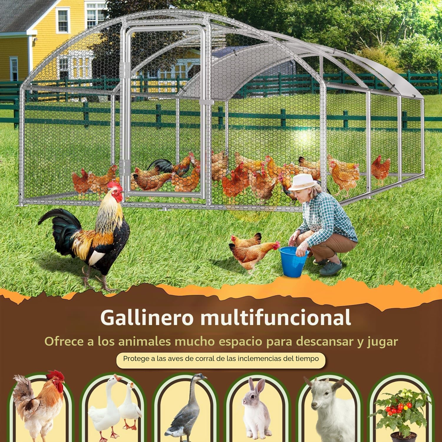 Gallinero de 3 x 6 x 2 m, techo abovedado, valla para aves de corral, con candado de acero galvanizado y lona impermeable de polietileno, fácil de limpiar