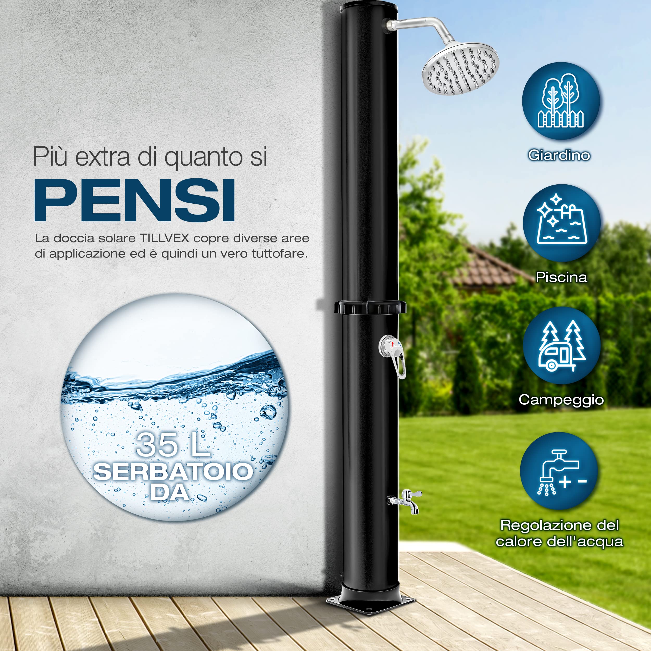 tillvex Doccia Solare da Giardino 35 Litri - Custodia Protettiva Inclusa, con Rubinetto e soffione a Pioggia, Collegamento per Tubo da Giardino