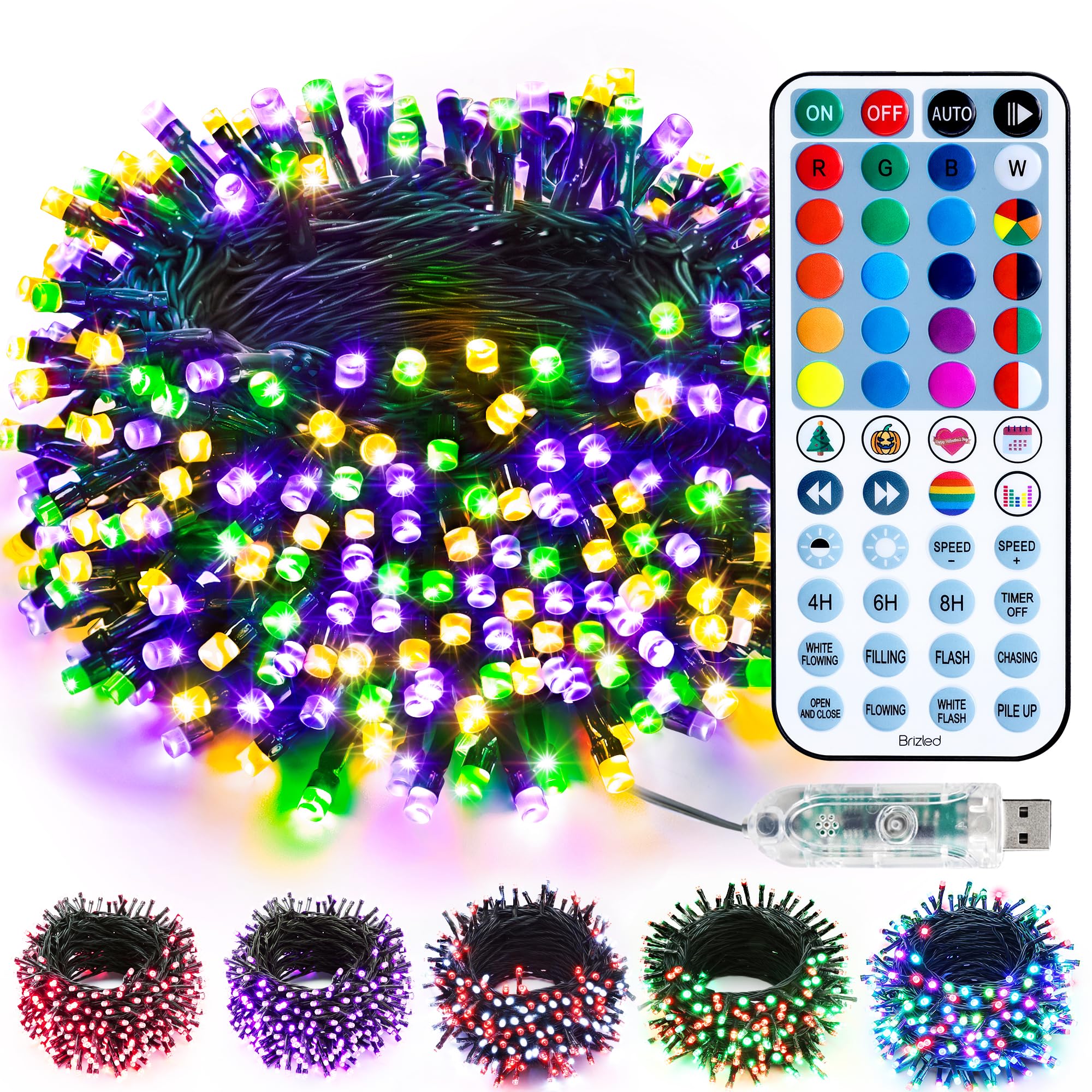 Brizled Color Changing Christmas Lights, 33ft 100 LED RGB Mard Gras Light String with Remote, Dimmable Mini Light String, USB Indoor Decorative Lighting Party Xmas Tree Wreath Year-Round Holiday