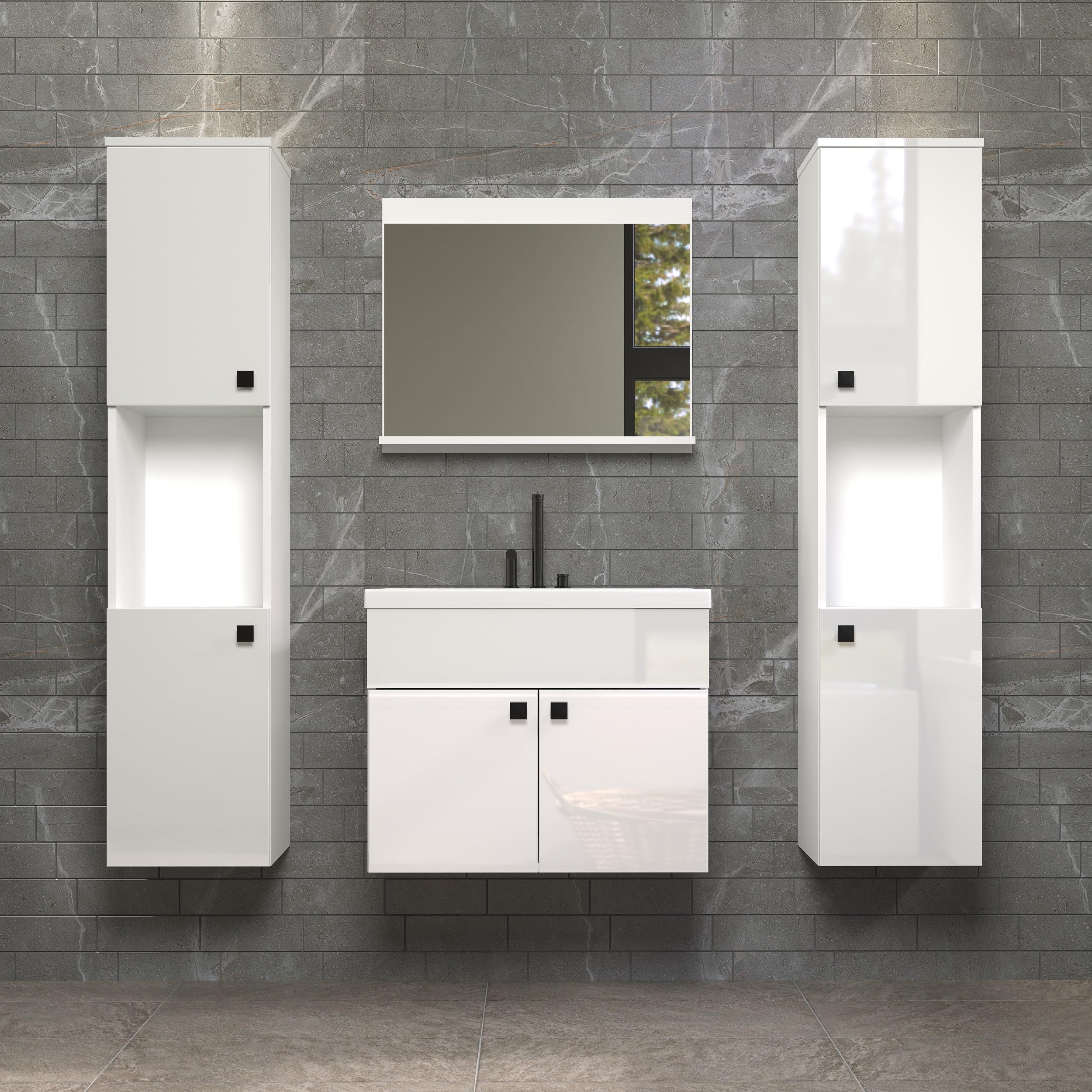 trendteam smart living Haven Badmöbel-Set Weiß/Weiß Hochglanz Lackiert 142 x 133 x 40 cm Waschbeckenschrank Hängend Inklusive Keramik-Einsatzwaschbecken 2 Hochschränke 1 Spiegel