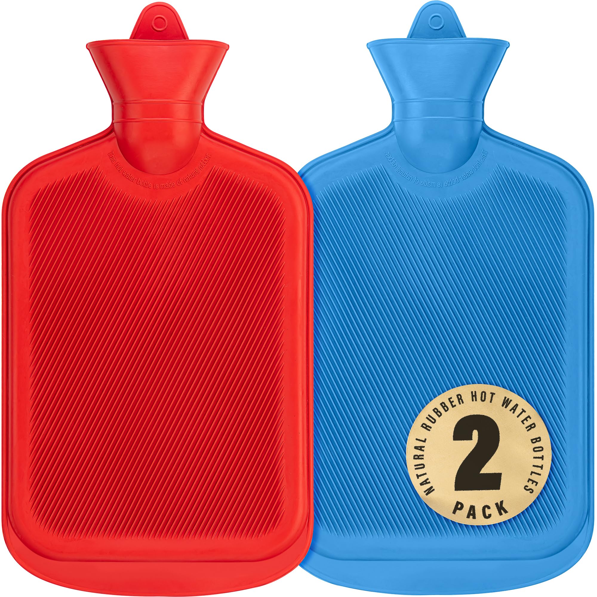 SteadMax [2 Pack] Hot Water Bottles, 2L (68oz) Natural Rubber -BPA Free- Durable Large Hot Water Bag for Hot Compress and Heat Therapy, Pain Relief Heating Pad, (Red & Blue)