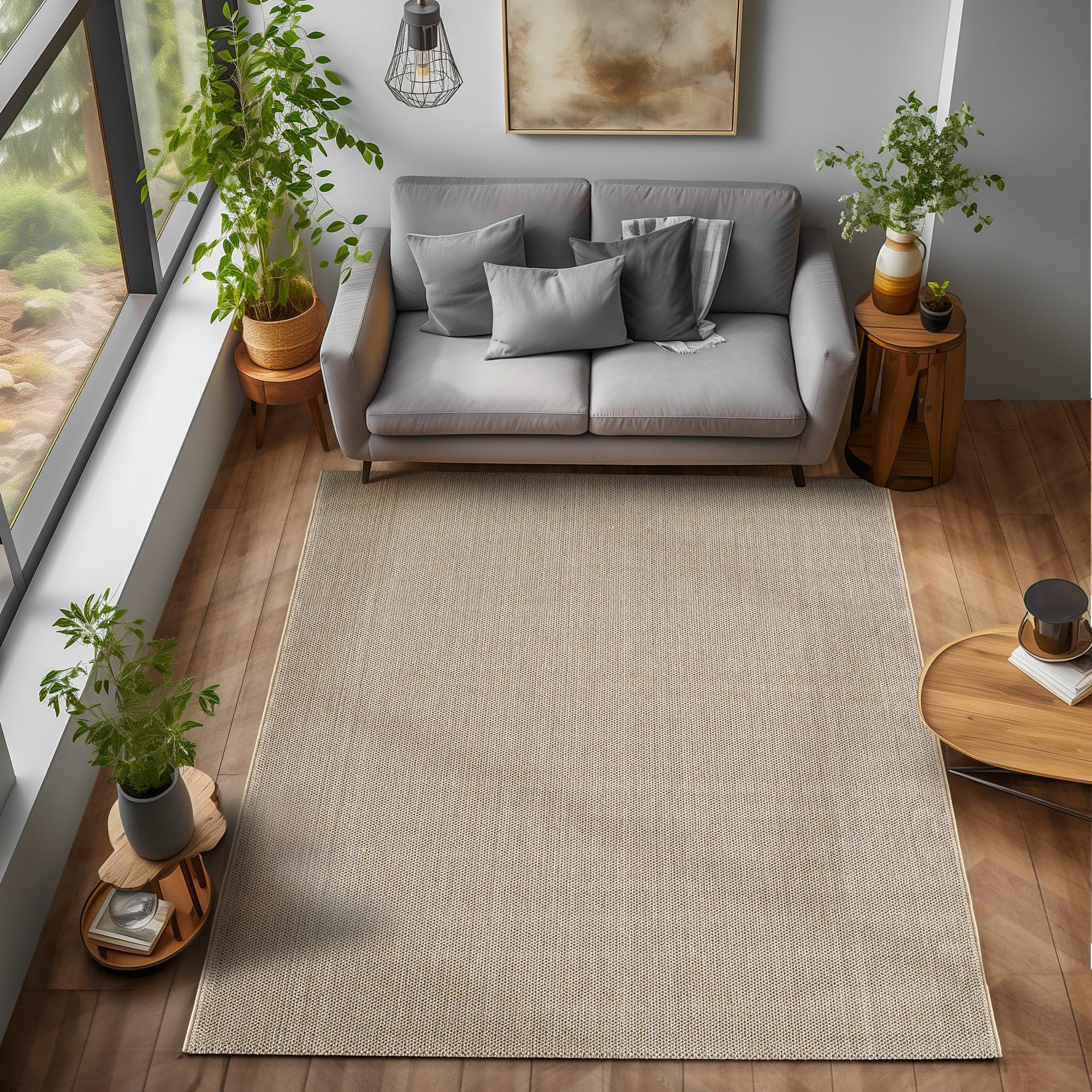 Tapis d'intérieur et d'extérieur, Salon, Jardin, Terrasse, Aspect Jute Robuste et Résistant, Tapis Bouclés Naturel (Couleur: Beige - Taille: 200x290cm)