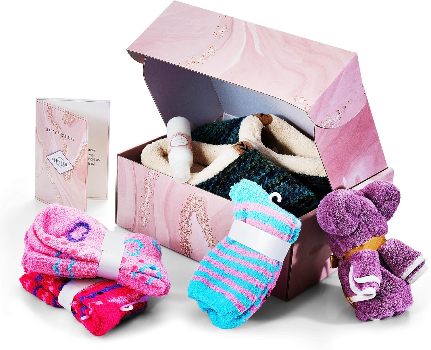 Birthday Gift Box for Women – Curated Gift Box for Her Gift Box Assortment with Slippers Socks Body Lotion Towel & Message Gift Card– Perfect Return Gift Present